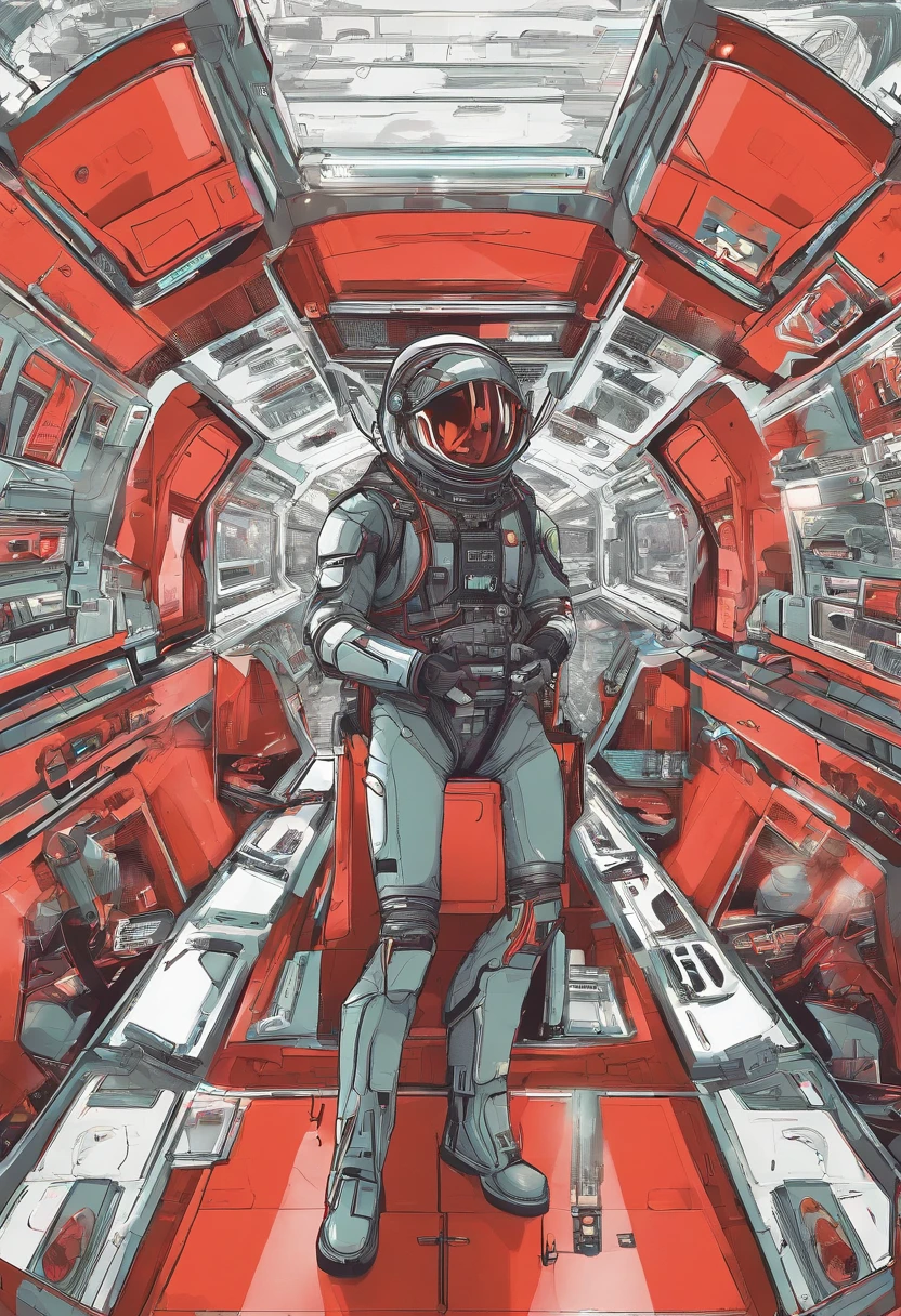 Space capsule，looki at viewer，Realiy，A man in a black tight leather jacket，Wearing a futuristic helmet，cowboy lens，（fish eye），Cramped and dirty room，clothes details，Japan's old red light district，（（（）），（（natta）），