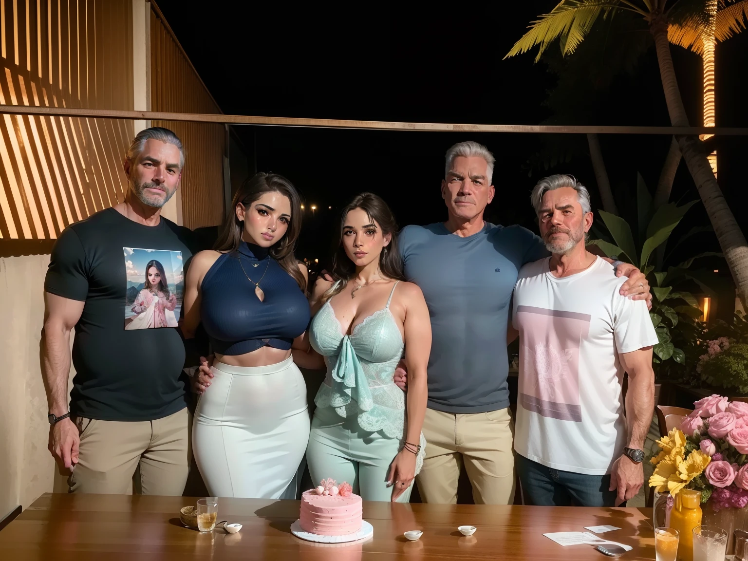 (best quality,4k,highres,masterpiece:1.2),ultra-detailed,photo-realistic:1.37,meeting between friends,three men and two women,realistic,detailed,foto,scenarios of Rio de Janeiro,(pink cake on the table)(vivid colors)