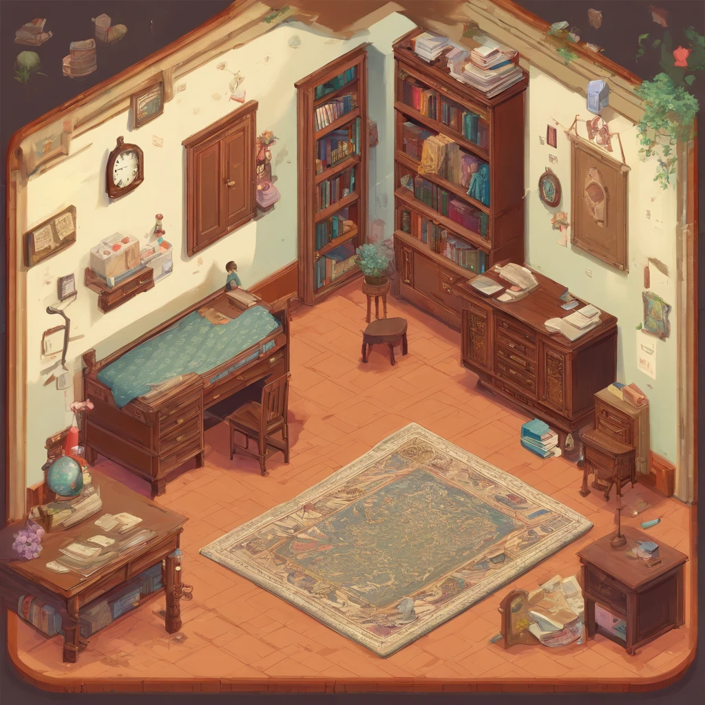 (best quality,4k,8k,highres,masterpiece:1.2), ultra-detailed, (realistic,photorealistic,photo-realistic:1.37), professional, vivid colors, HDR, studio lighting, sharp focus, (extreme detail description,detailed description:1.2), There is a room with ( a bed in the middle of the room ), (a desk with a pencil, a notebook and a textbook), (a chair in front of the desk), (a child sitting on a chair and studying at a desk), (a wardrobe with double doors ), a carpet, a wall clock, a wall painting, (a bookcase with several books on its shelves), a full-length mirror. The room has the same dimensions in width, breadth or depth. The image is from an isometric perspective. This is a game screenshot. This image captures the furniture, home and lifestyle of 1900s America.
