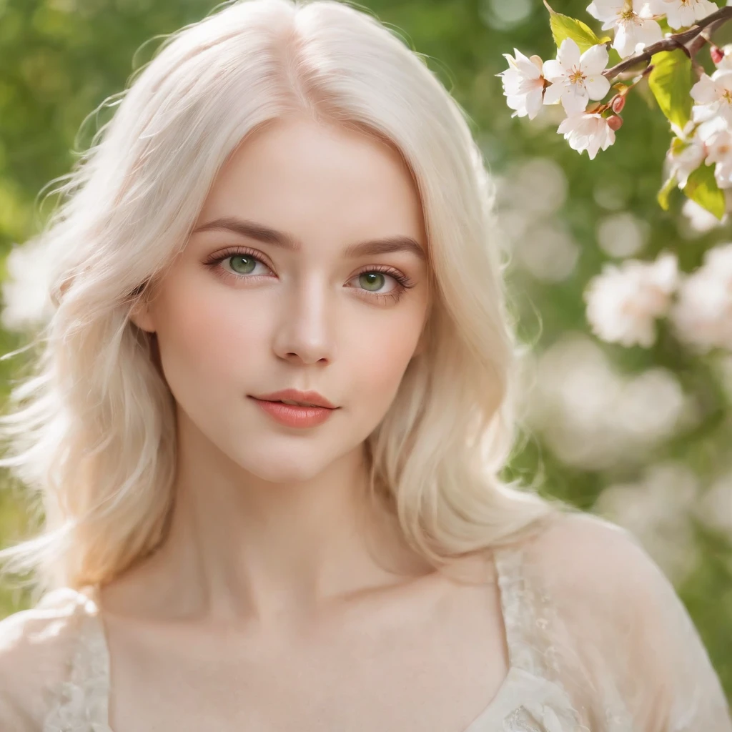 a girl with platinum yellow hair, beautiful detailed eyes, a vibrant green garden background, medium: digital illustration, flowing breeze, cherry blossom petals, colorful flowers, a serene expression, soft sunlight, pastel color tones, best quality, realistic lighting, 2 girls