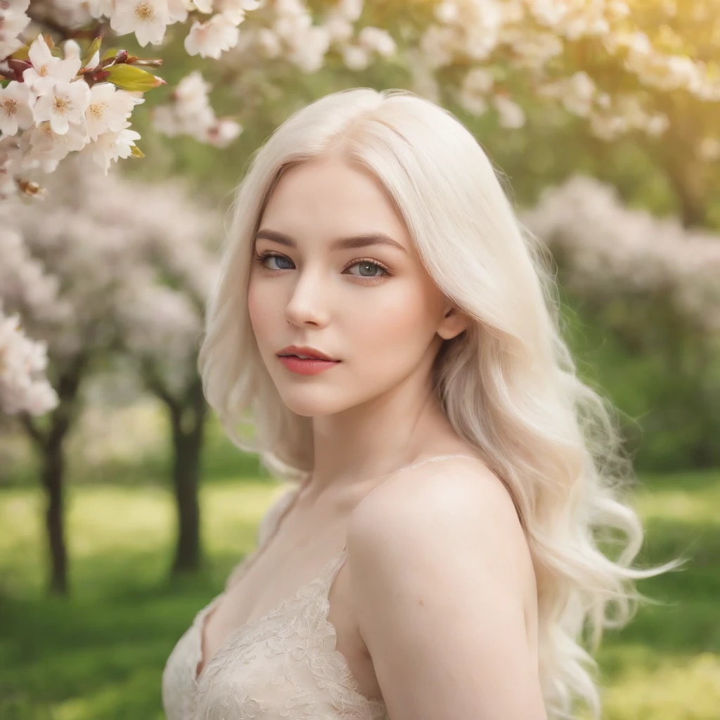 a girl with platinum yellow hair, beautiful detailed eyes, a vibrant green garden background, medium: digital illustration, flowing breeze, cherry blossom petals, colorful flowers, a serene expression, soft sunlight, pastel color tones, best quality, realistic lighting, 2 girls