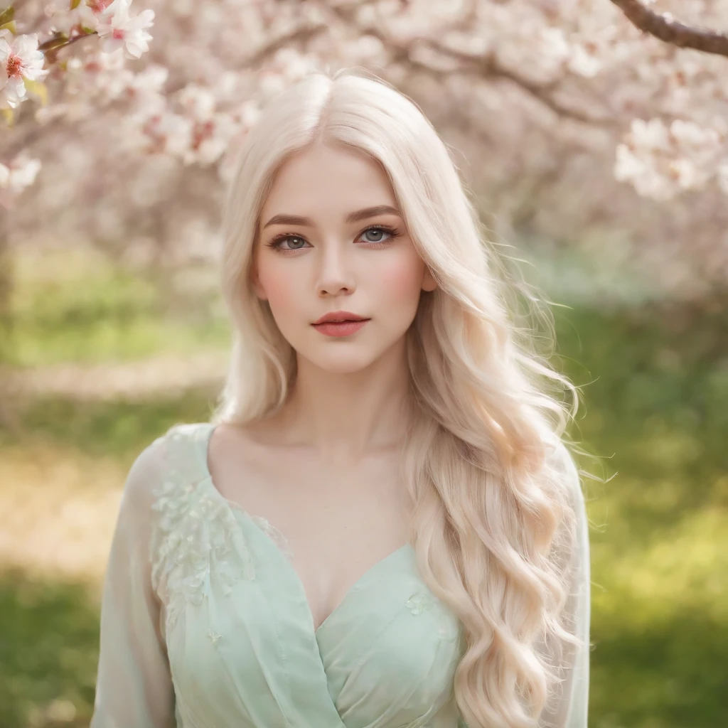 a girl with platinum yellow hair, beautiful detailed eyes, a vibrant green garden background, medium: digital illustration, flowing breeze, cherry blossom petals, colorful flowers, a serene expression, soft sunlight, pastel color tones, best quality, realistic lighting, 2 girls