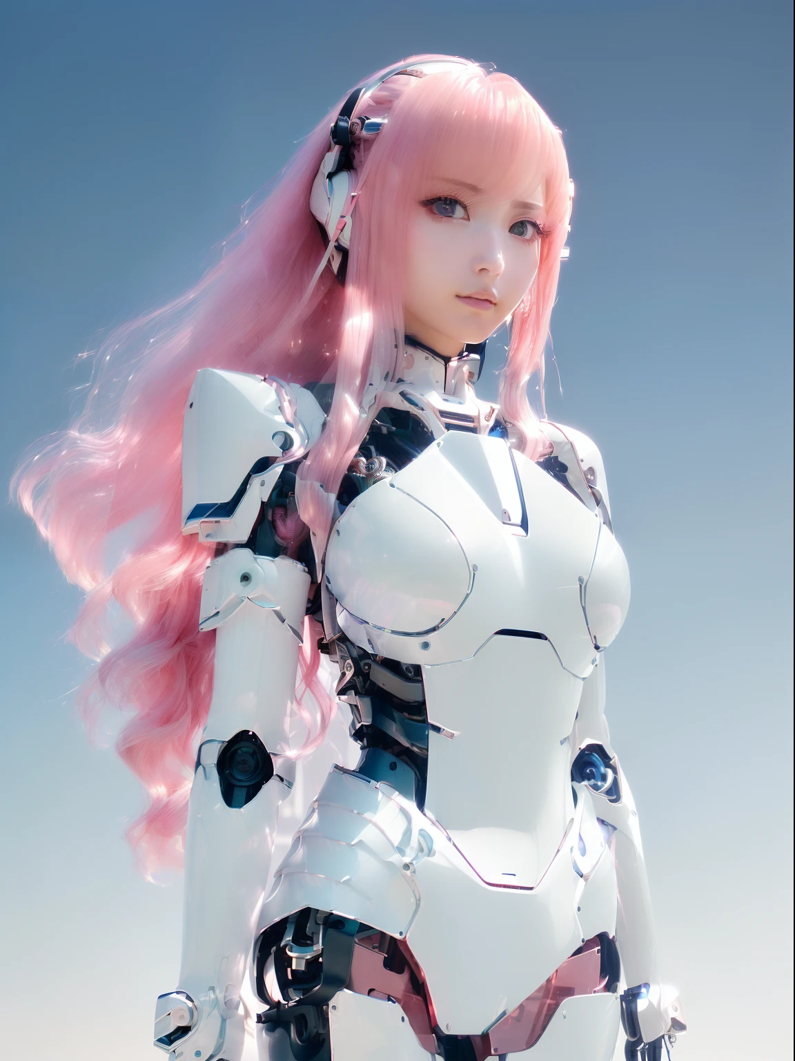((masutepiece)), ((top-quality), high quarity、ultra-definition, Realistic, fulcolor 、One beautiful robot woman、Joints of machines、Frame of the machine、Thick wire joints、White porcelain armor、(Curvaceous face)、deadpan、Pink Long Hair、Wide Shot、((Electronic substrate))、Colorless and transparent latex reflecting mechanical parts