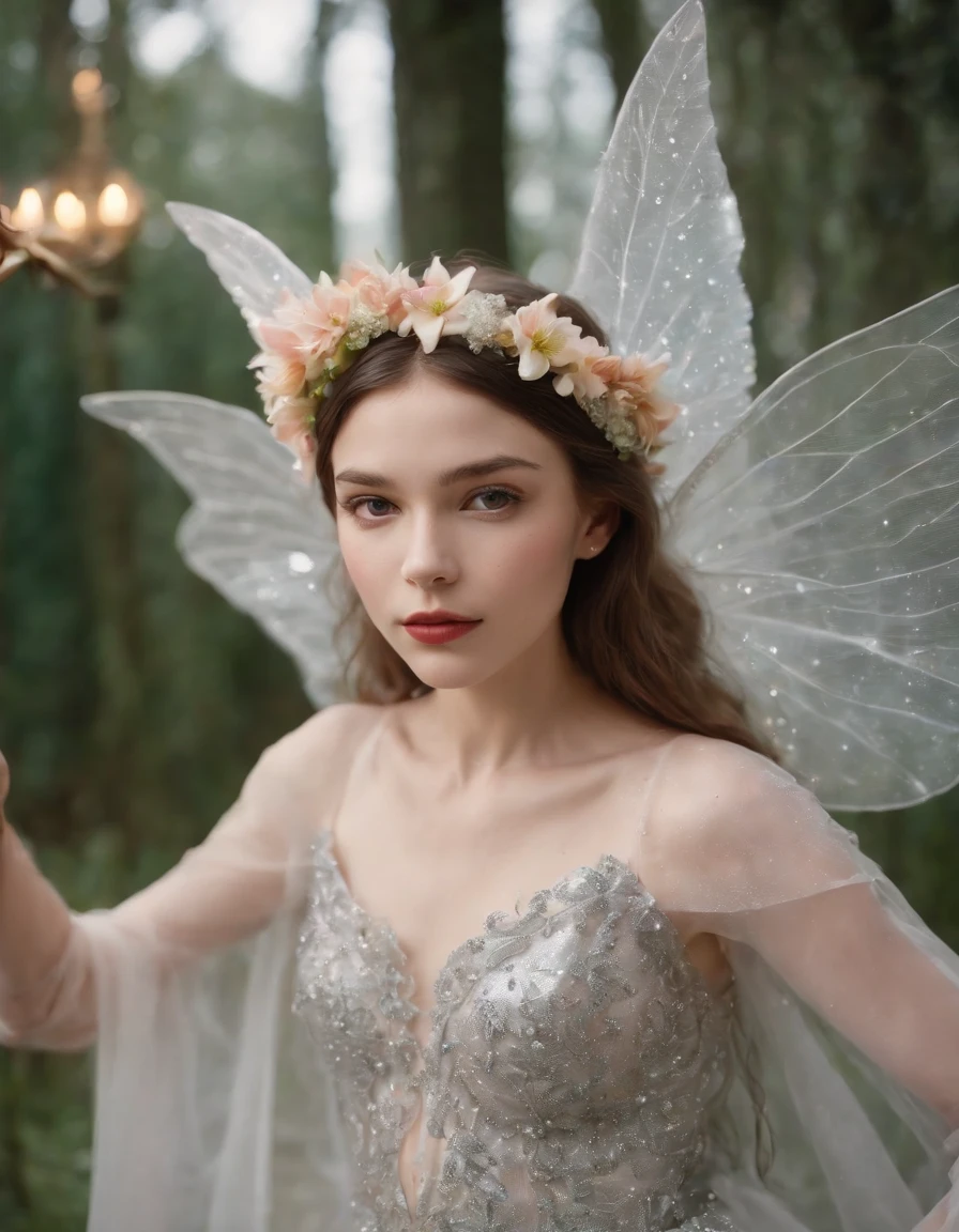 Color photo of mysterious flower fairy child, little child with transparent colorful wings, sitting in divine light, neon light, holding wand, axial symmetry, grand background. Silver dress, high heels, flower crown, starry sky background, tranquil and mysterious expression, Nikon Z7 II camera, Fujifilm Velvia 50 film, 50mm lens, high saturation, Tim Walker, David LaChapelle, Sofia Coppola , Valentino, Alexander McQueen, ((close-up))