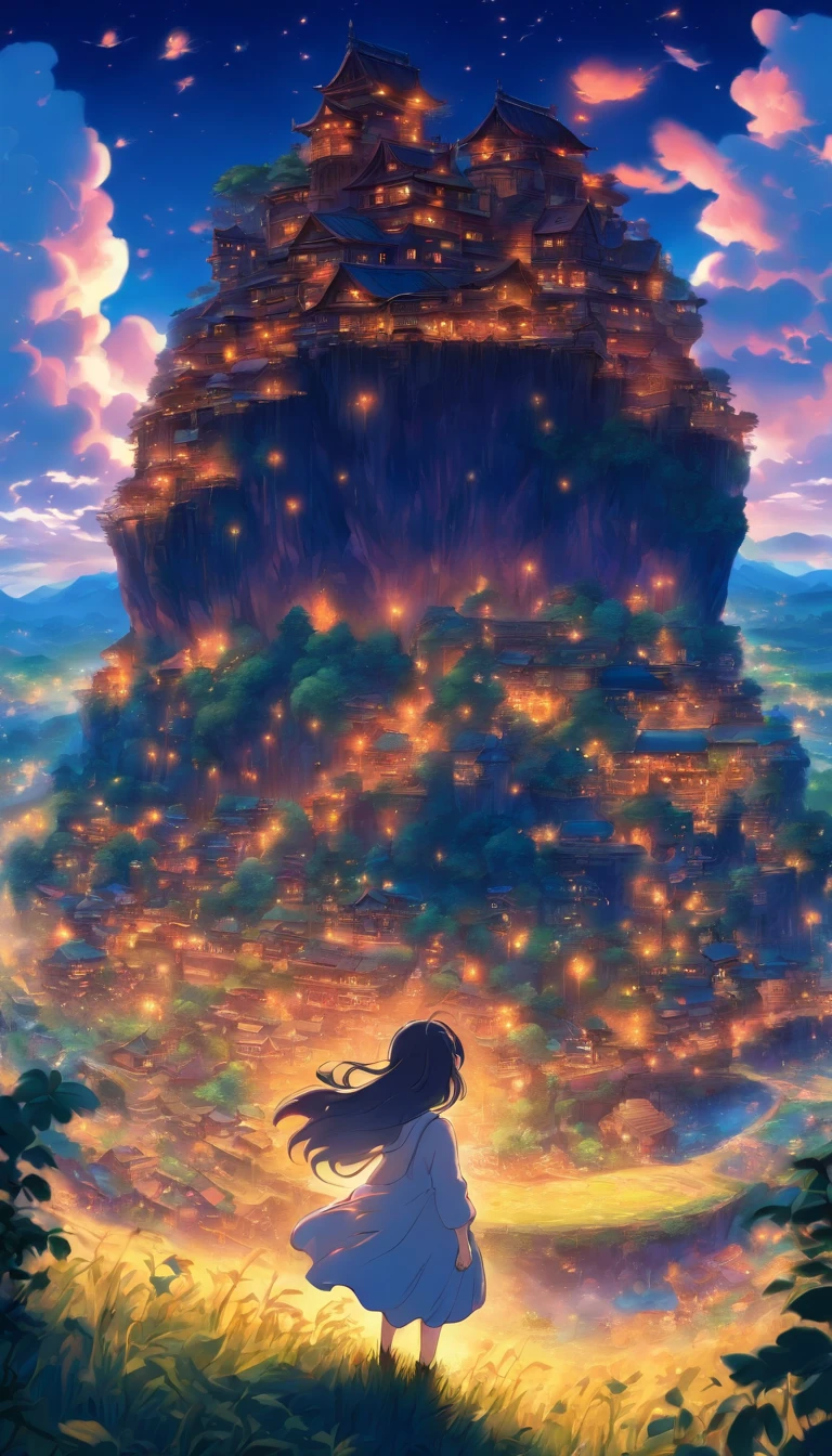 She was just a simple girl working on a farm. She lives in difficult times., These are the Dark Ages. , Crazy world, Floating islands, Cloud Castle, (Best quality:1.3), (A high resolution:1), (Detailed:1.3), (Incredible:1.3), (Perfect:1.3), (Impeccable:1.3), (Volume member art:0), (illustration:1.3), Studio Ghibli productions