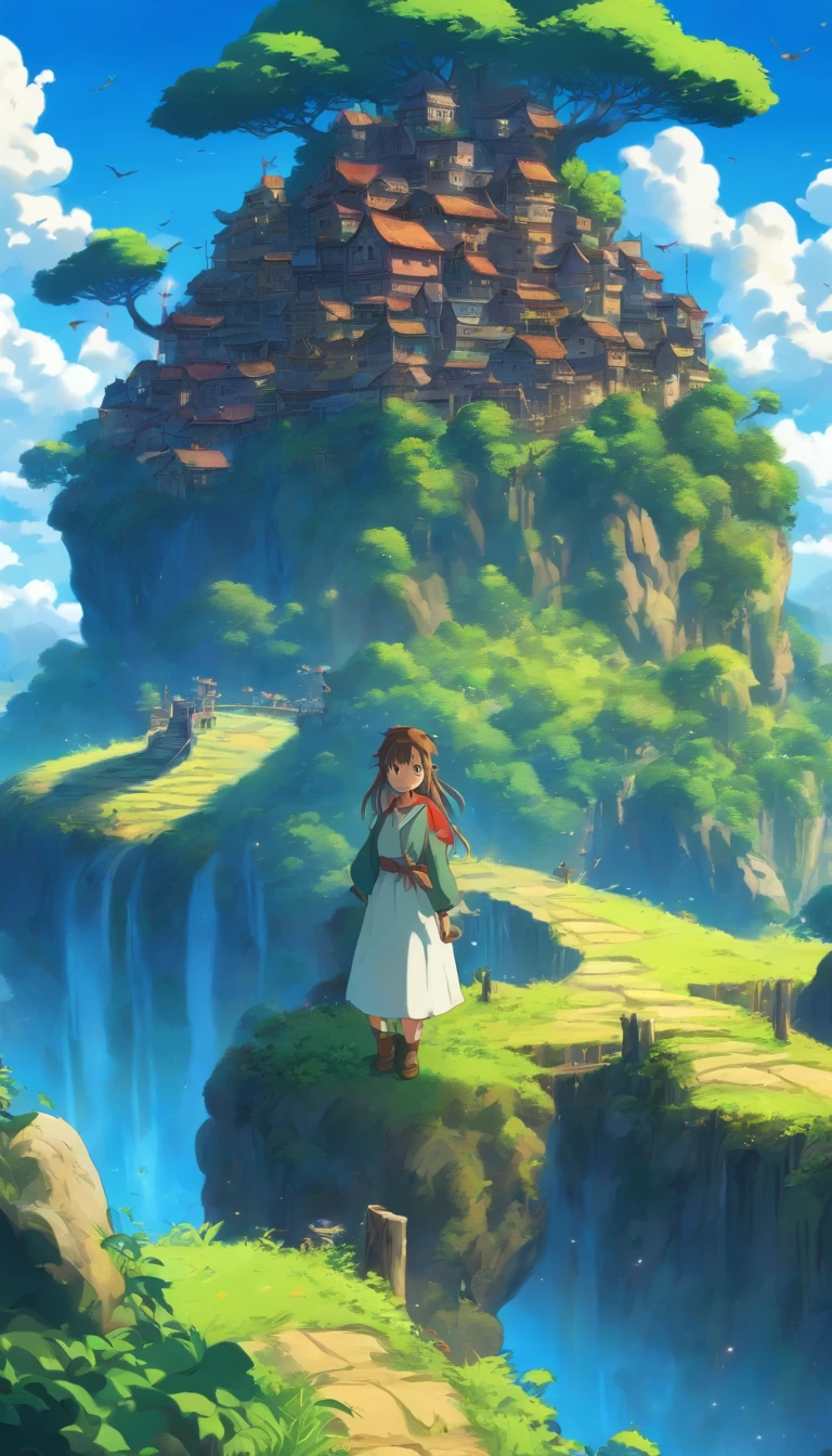 She was just a simple girl working on a farm. She lives in difficult times., These are the Dark Ages. , Crazy world, Floating islands, Cloud Castle, (Best quality:1.3), (A high resolution:1), (Detailed:1.3), (Incredible:1.3), (Perfect:1.3), (Impeccable:1.3), (Volume member art:0), (illustration:1.3), Studio Ghibli productions