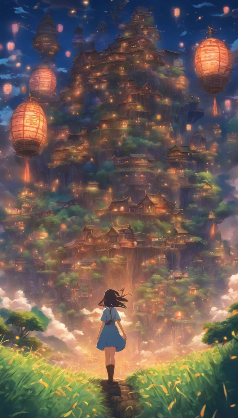 She was just a simple girl working on a farm. She lives in difficult times., These are the Dark Ages. , Crazy world, Floating islands, Cloud Castle, (Best quality:1.3), (A high resolution:1), (Detailed:1.3), (Incredible:1.3), (Perfect:1.3), (Impeccable:1.3), (Volume member art:0), (illustration:1.3), Studio Ghibli productions