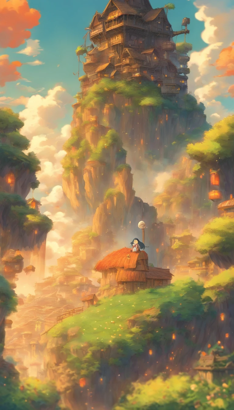 She was just a simple girl working on a farm. She lives in difficult times., These are the Dark Ages. , Crazy world, Floating islands, Cloud Castle, (Best quality:1.3), (A high resolution:1), (Detailed:1.3), (Incredible:1.3), (Perfect:1.3), (Impeccable:1.3), (Volume member art:0), (illustration:1.3), Studio Ghibli productions