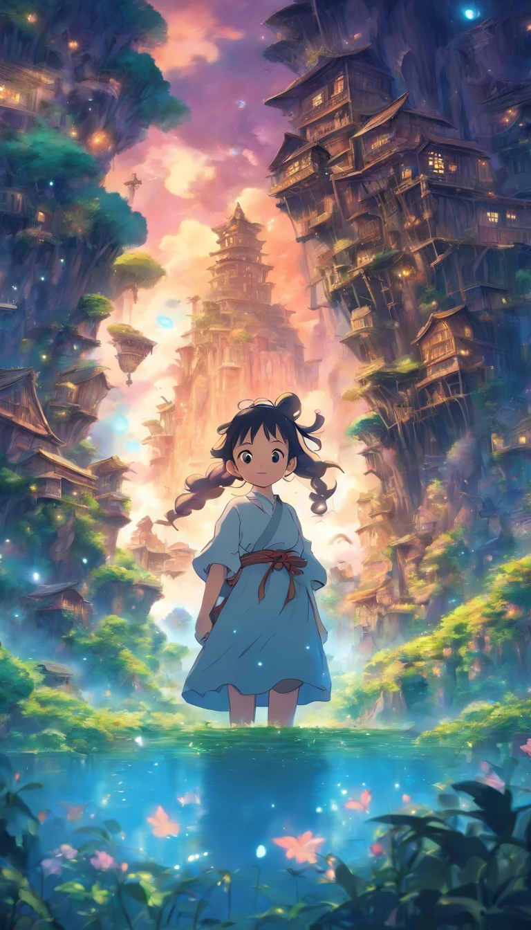 She was just a simple girl working on a farm. She lives in difficult times., These are the Dark Ages. , Crazy world, Floating islands, Cloud Castle, (Best quality:1.3), (A high resolution:1), (Detailed:1.3), (Incredible:1.3), (Perfect:1.3), (Impeccable:1.3), (Volume member art:0), (illustration:1.3), Studio Ghibli productions