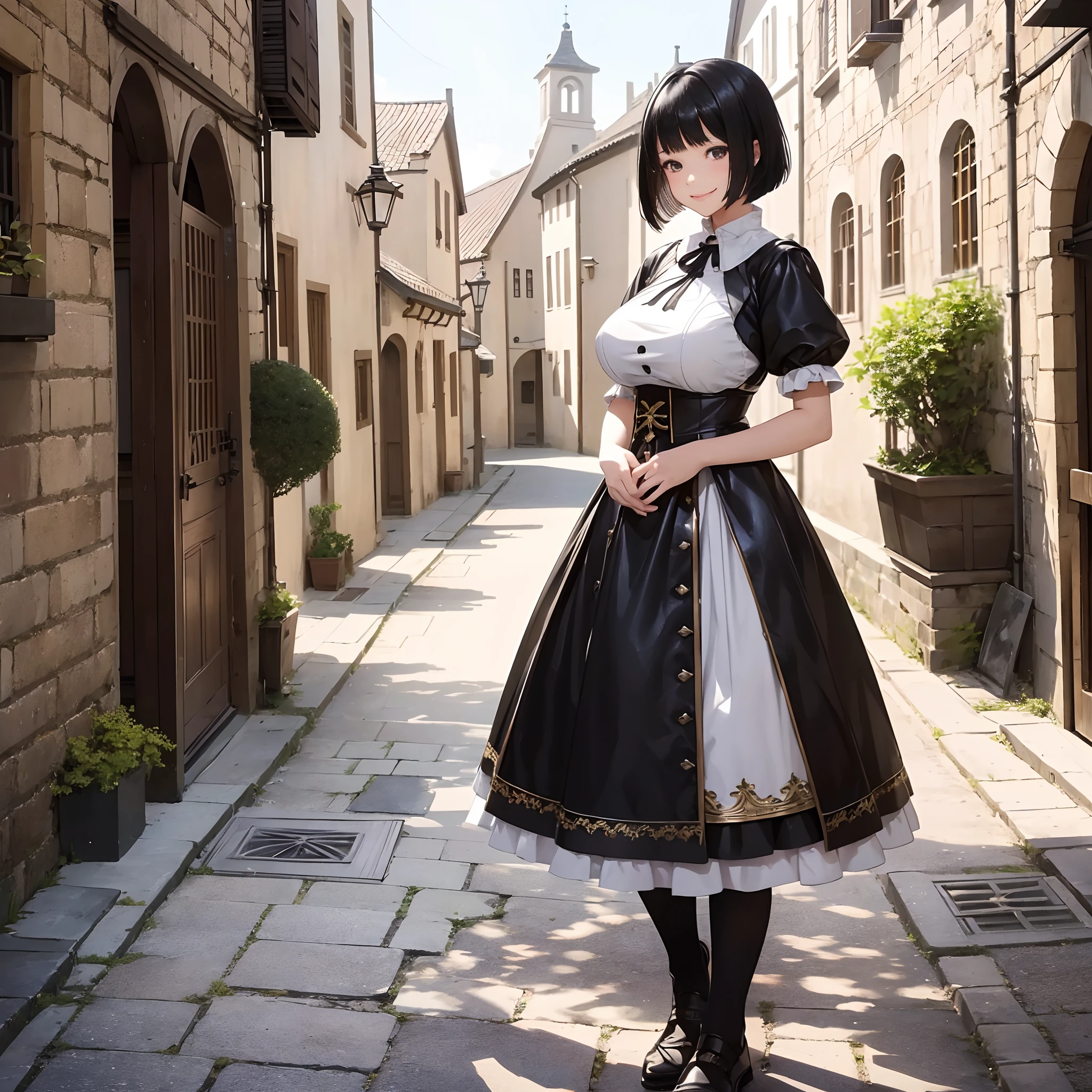 With the best image quality、 girl standing alone outdoors。In high resolution、Beautiful fine details、tranquil atmosphere。((Black Hair Bob Hair))、Cute smile。(((breasts are huge)))、I don't have anything in my hands、realistic hand、Medieval European national costume with short sleeves、Medieval European Streets、Leather shoes。