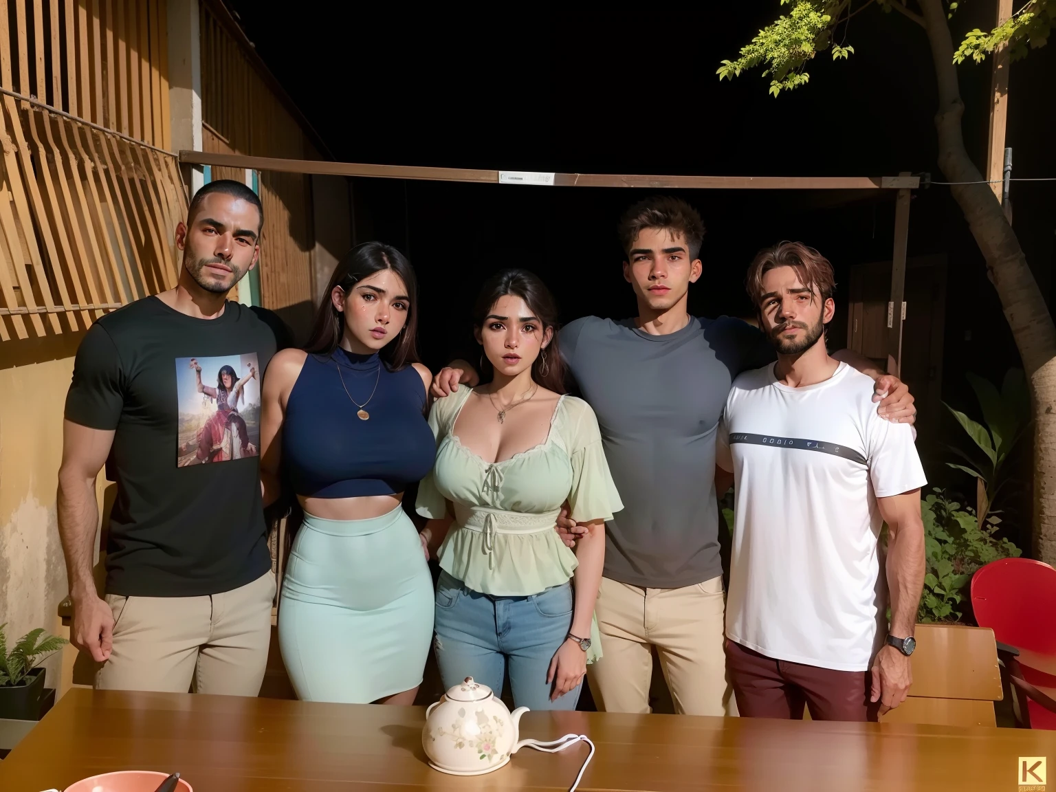 (best quality,4k,Altas,obra prima:1.2),ultra-detalhado,PhotogramFia-realistic:1.37,encontro entre amigos jovens,three men and two women,Realistic,circunstanciado,fotografia,scenarios of Rio de Janeiro,(Bolo rosa na mesa)(vivid colors)