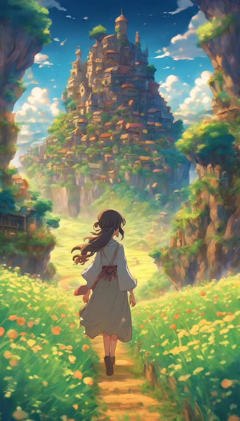 She was just a simple girl working on a farm. She lives in difficult times., These are the Dark Ages. , Crazy world, Floating islands, Cloud Castle, (Best quality:1.3), (A high resolution:1), (Detailed:1.3), (Incredible:1.3), (Perfect:1.3), (Impeccable:1.3), (Volume member art:0), (illustration:1.3), Studio Ghibli productions