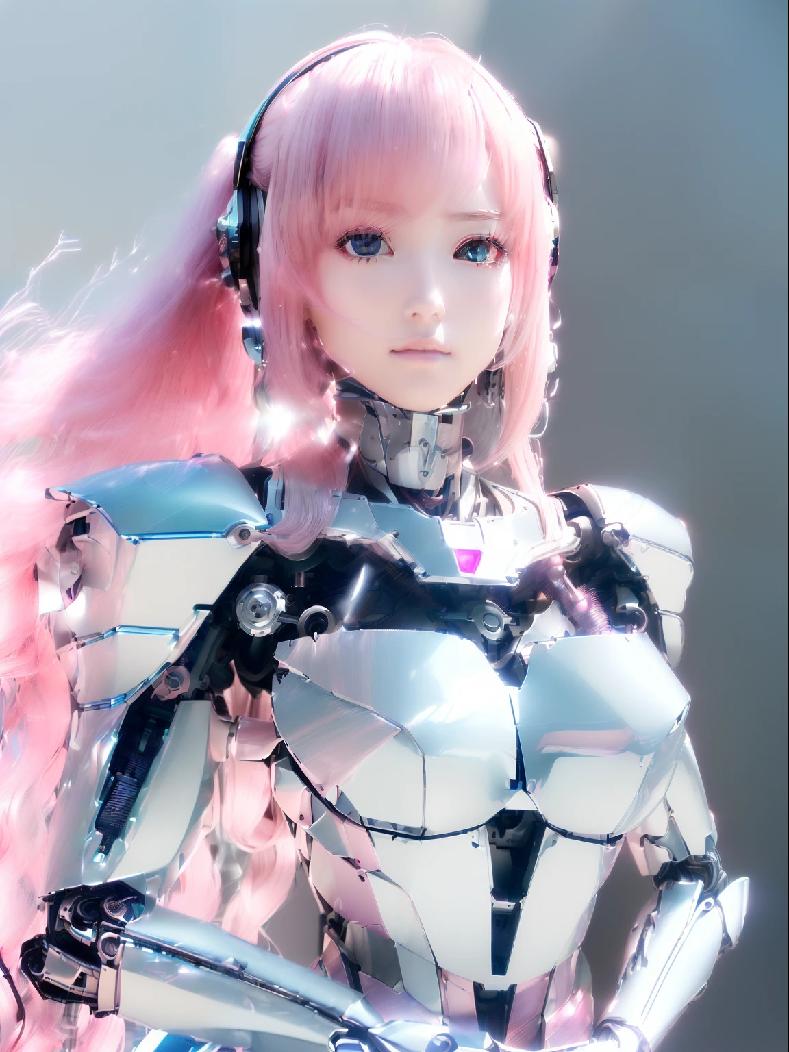 ((masutepiece)), ((top-quality), high quarity、ultra-definition, Realistic, fulcolor 、One beautiful robot woman、Joints of machines、Frame of the machine、Thick wire joints、White porcelain armor、(Curvaceous face)、deadpan、Pink Long Hair、Wide Shot、((Electronic substrate))、Plastic parts reflecting some mechanical parts covering joints