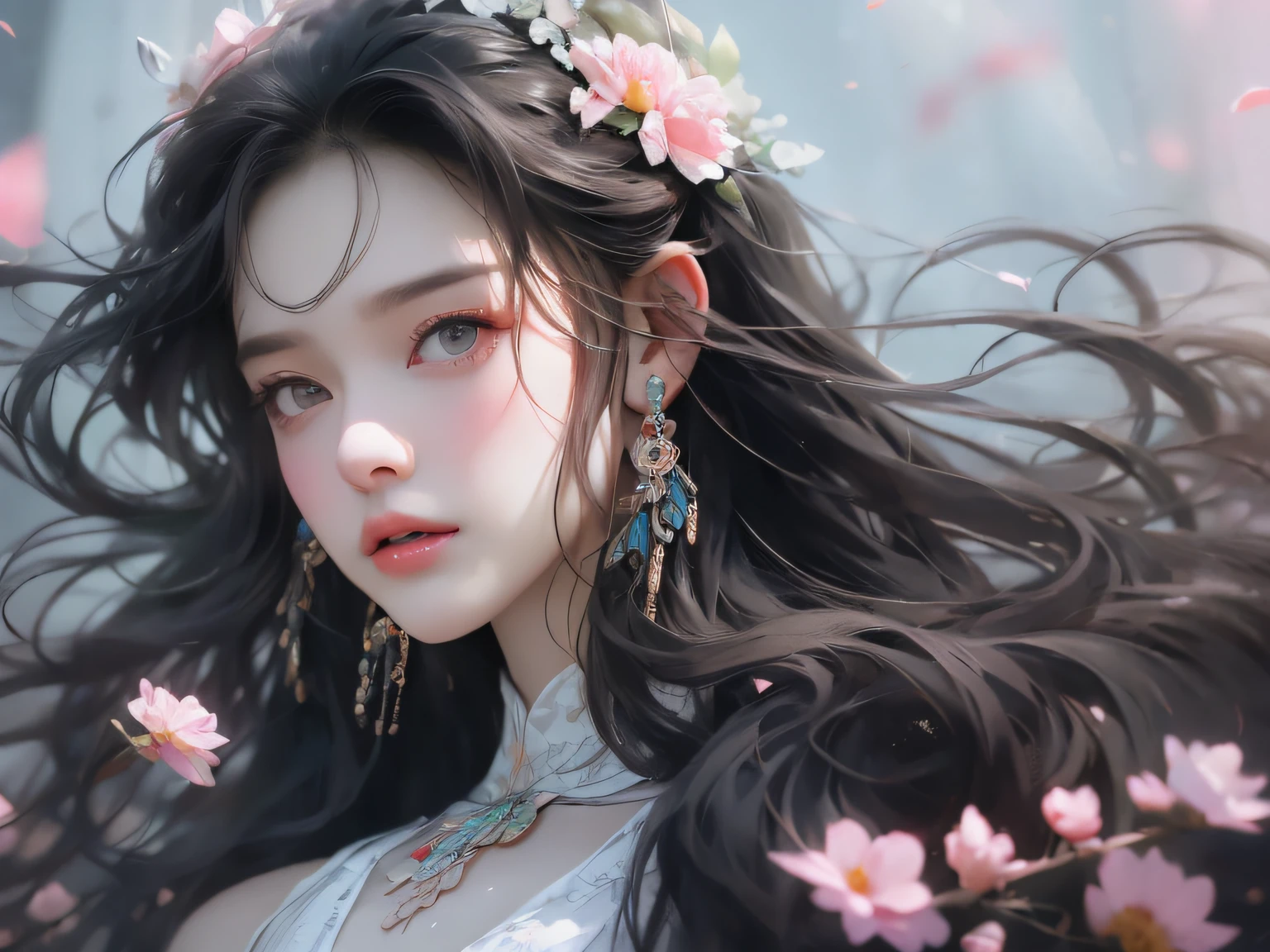 1个Giant Breast Girl，Close-up of upper body portrait，black color hair，floated hair，Hazy beauty，Extremely beautiful facial features，Embroidered dress with light tulle texture，with a hairpin on her head，Surrounded by flowers，Soft light shines on the face，Perfect anatomy，Colorful flowers，（springtime， rainy days， terraced， mountain ranges）， Simple vector art， Contemporary Chinese art，  the soft light， Tangled scarves，Overlooking