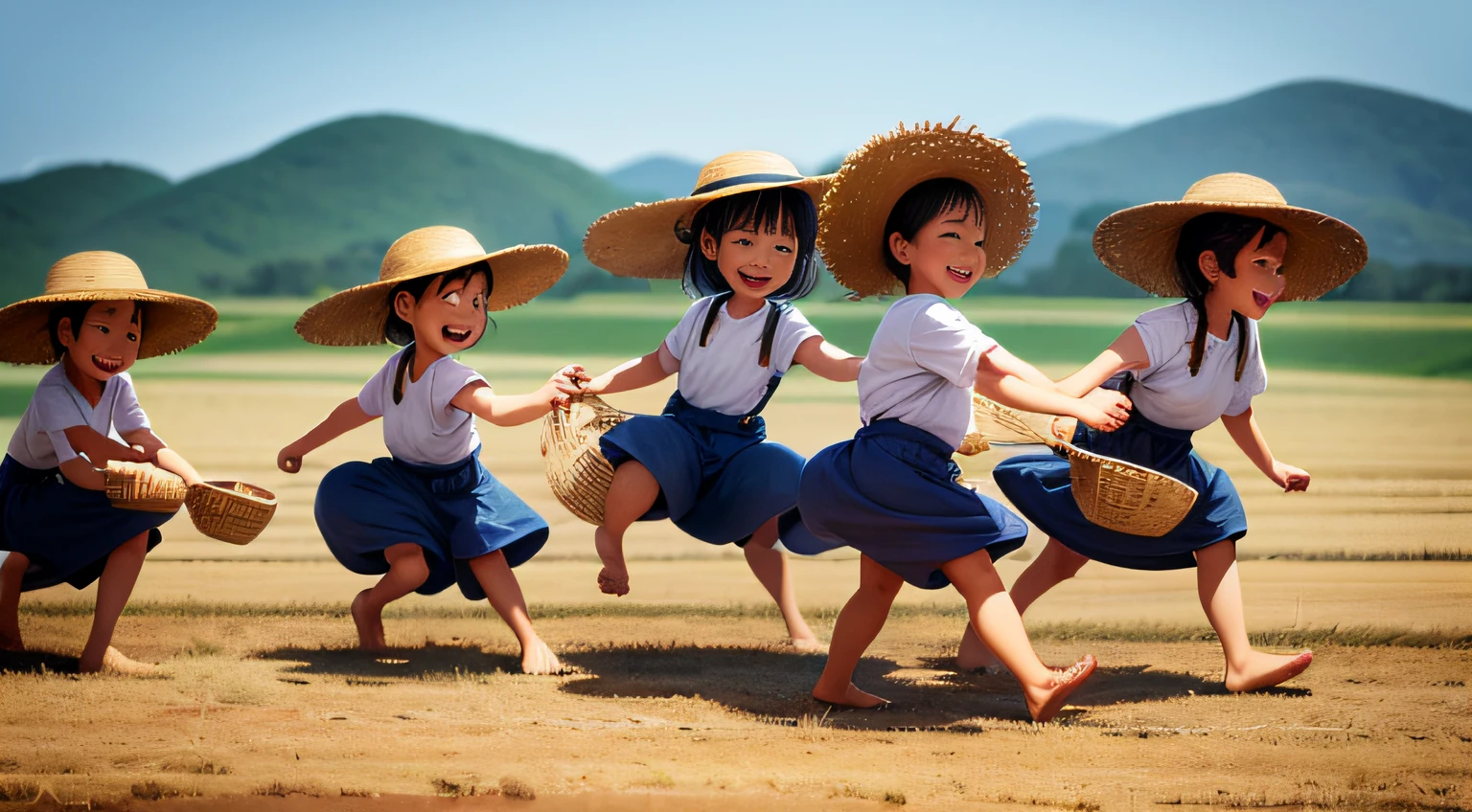 (a)n honest Chinese farmer,(cartoon style,playful,colorful),(best quality,highres),a detailed face with expressive eyes and a big smile,exaggerated facial features,bright and vibrant colors,a large sun in the background casting warm light,green fields stretching endlessly with rows of crops,traditional Chinese straw hat,dirty overalls,textures and brushstrokes that resemble hand-drawn illustrations,crisp outlines and defined shapes,joyful and lively atmosphere