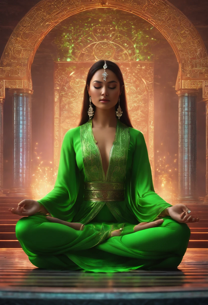 (Master parts:1.2),Best quality,Pisif,Taoist,(Meditation:1.1), soio,A sexy girl ,Meditation cross-legged， Bright green magic matrix, floats，Transparent,Realistic