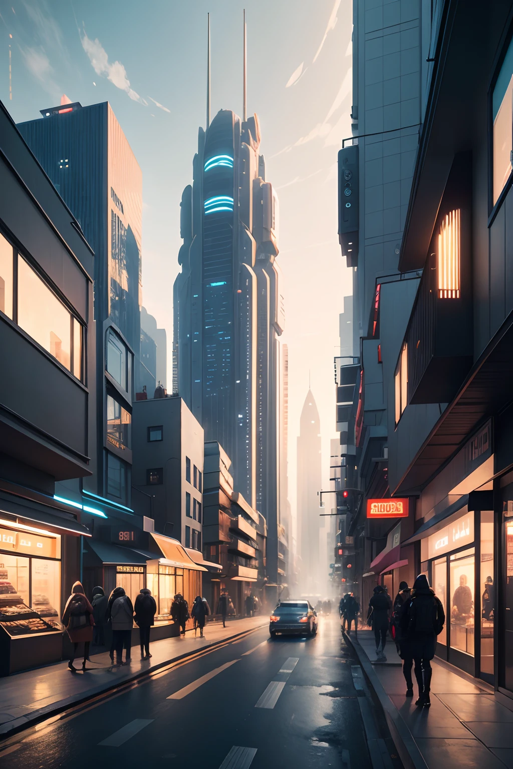 futuristic city, street view, small city, cozy streets, people populated, robots, modern buildings, robots, cozy feeling