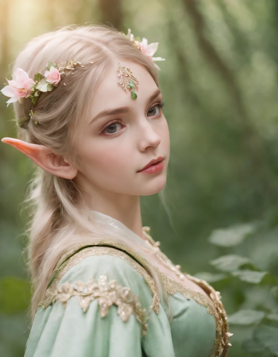 A cute child, an elf princess in the forest, pointed ears, light pink and light green style, anime aesthetic, detailed clothing, can't believe how beautiful this is, realistic techniques, flowers and birds, light gold and green, Upper body