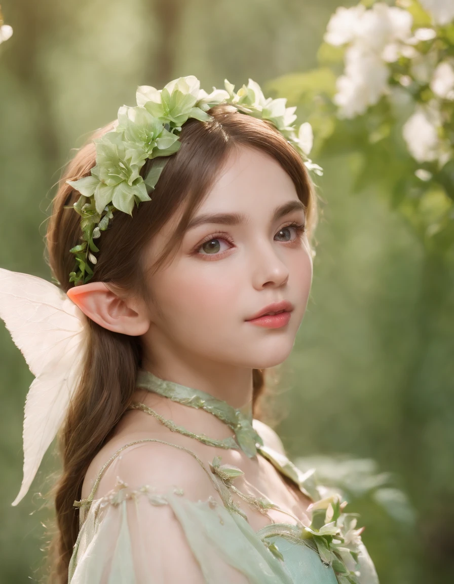 A cute child, an elf princess in the forest, pointed ears, light pink and light green style, anime aesthetic, detailed clothing, can't believe how beautiful this is, realistic techniques, flowers and birds, light gold and green, Upper body