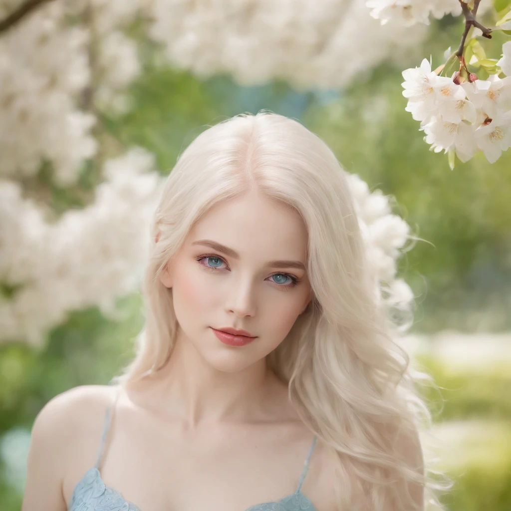 a girl with platinum yellow hair, beautiful detailed blue eyes, a vibrant green garden background,busty, medium: digital illustration, flowing breeze, cherry blossom petals, colorful flowers, a serene expression, soft sunlight, pastel color tones, best quality, realistic lighting, 2 girls