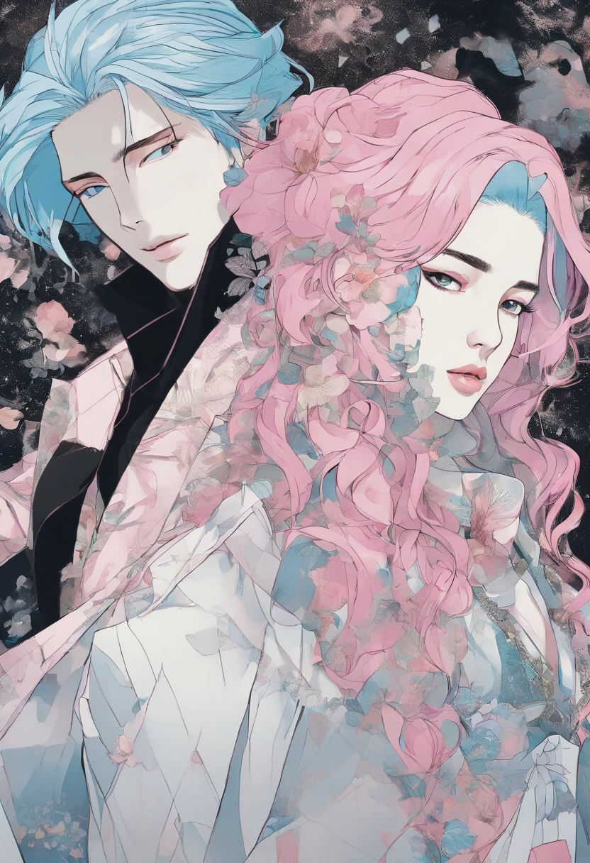 ((Male and female couples)), Idol Photos, Magazine covers, Photos of actors, Professional Photos, Height difference, tall male, Happiness, youthfulness, extra detailed face, detailed punk hair, very detailed character, inspired by Sim Sa-jeong, Cai Xukun's, detailed realistic faces, highly detailed realistic face, high detailed face anime, realistic detailed face, Accurate detailed face, attractive androgynous humanoid, Cool Korean fashion in black and white, ((Man with light blue hair)), ((Woman with pink hair)), ((Woman with long hair below waist)), ((Man with short hair over ears)), ((Pink hair woman with gentle expression)), ((Man with light blue hair with wild expression)), high-level image quality, ​masterpiece, Photographed so that the whole body can be seen, Photographed to make clothes look beautiful, Take your eyes off, ((two individuals)), ((British couple))