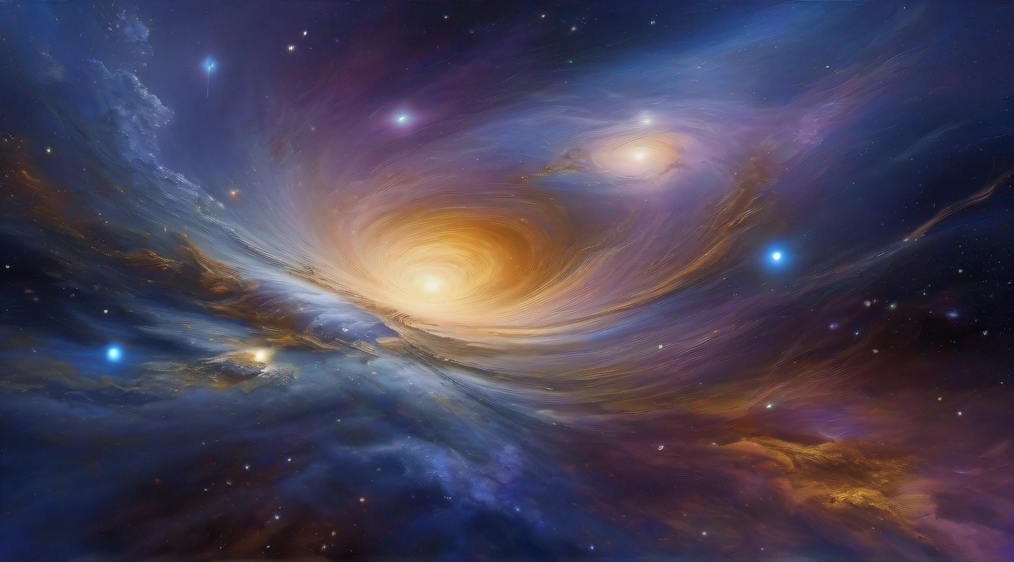 Hubble Space Telescope inspired paintings，Depicts a deep one（A detailed：1.3）The vastness of space, Vibrant colors, Dynamic composition, Realistic details, mind-blowing views, immersive experience, Awesome perspective, Zero gravity feeling, Shining stars, Distant galaxies, （Starcloud：1.6）Rotate in the distance，Cosmic dust spins，purpleish color，Shades of blue and black predominate，White stripes hint at starlight，[Dense star clusters]，Realistic representation of astrophotography，Digital oil painting technology。