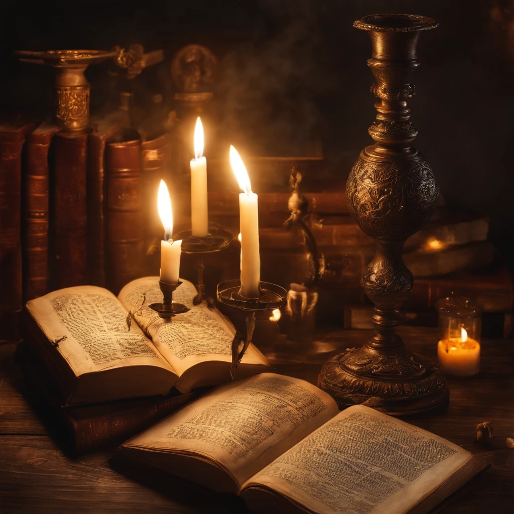 Image of a book on a wooden table, potion glass image on the book cover ,book labled as potions , black book , a mages potion book , big book , lot of pages on the book , potion glasses near book , candles glowing near book , bright light insidr the room