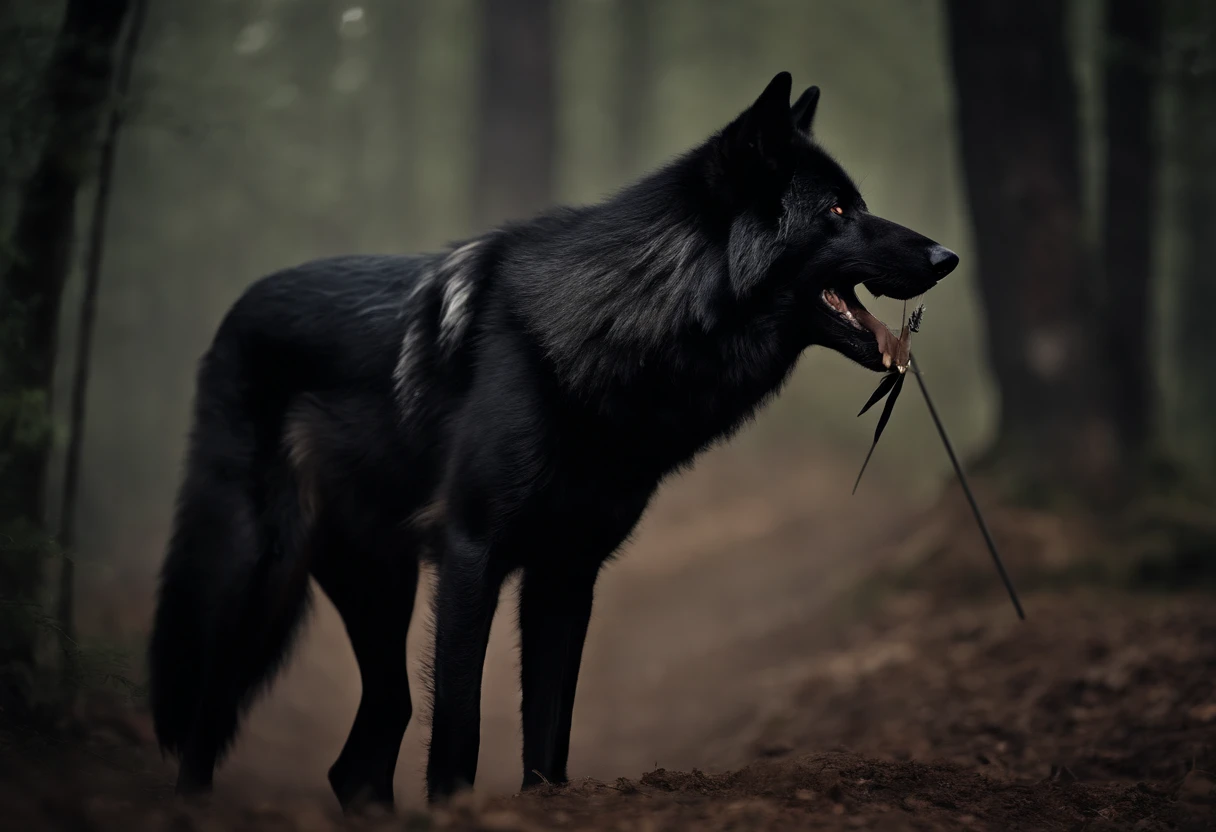 A black wolf in costume, wounded in the back by an arrow. A strong wolf, wounded but standing. black hair. Let there be a cigarette in your mouth