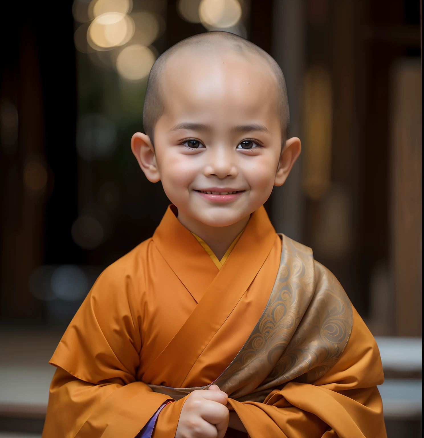 (masterpiece:1.1),(best quality:1.1),(Little monk meditating:1.3),(:1.2),cute,yellow robe,skinhead,(looking at viewer:1.1),seating,smile,having spiritual energy,(buddhist mood:1.1),soft light,god rays,clean background,close-up,depth of field,