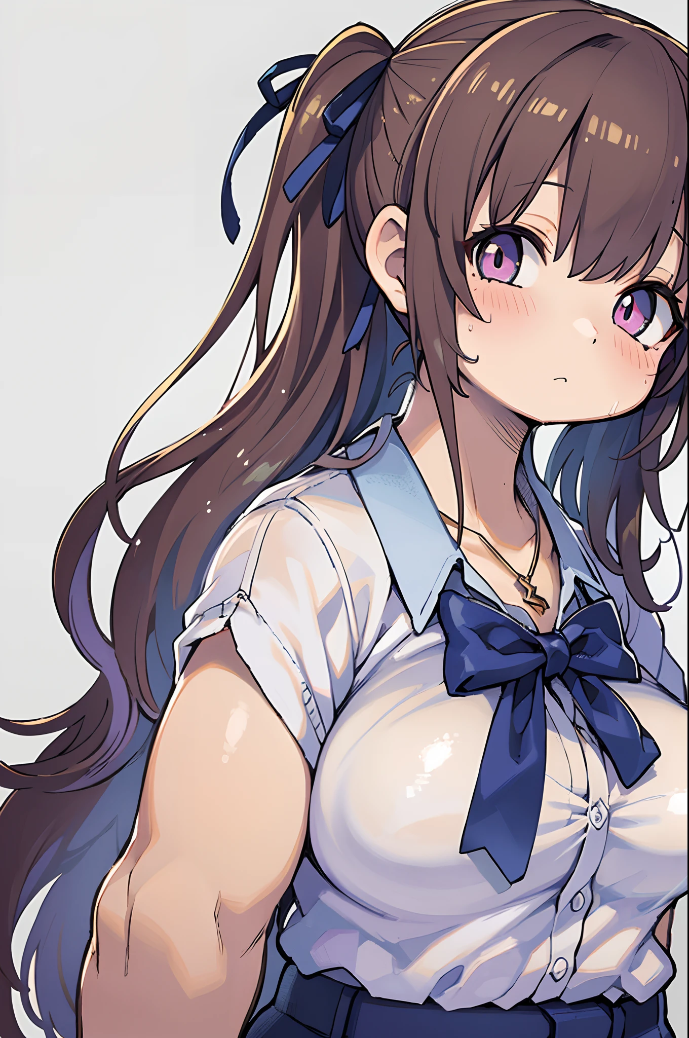 (1girl in), masutepiece, Best Quality, superfine illustration, a very pretty girl, extremely detailed beautiful face, Looking at Viewer, 1girl in, Belt bag, gros-plan, Looking at Viewer, 4K, hight resolution, bow ribbon, Phyllis Mistrout, blush, POV, twin-tail hair, White background, Simple background, thick outline, Purple eyes, (sleep), Brown hair, Chibi, expression of love, ((Brown hair)),