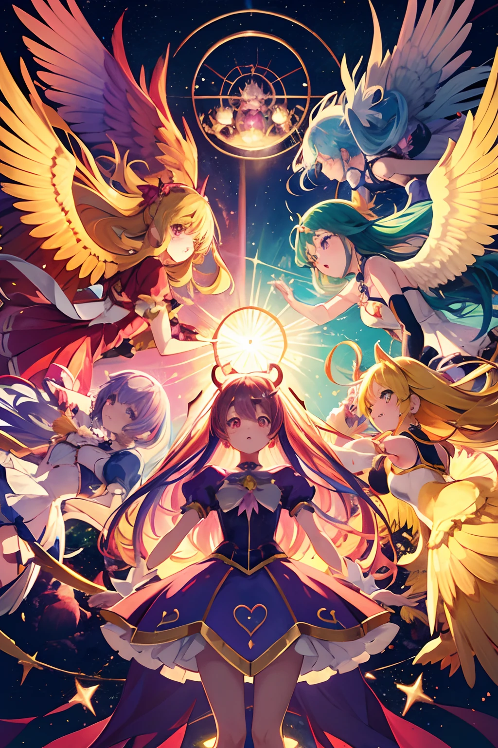 A group of 5 magical girls (mahou shoujo group) flying together around a round, golden bird cage where another magical girl is trapped and a chaotic, multi-colored sky in the background and over them evil eyes of a chaotic, multicolored witch, perfect hands, rostos perfeitos, vestidos bonitos, cabelos super coloridos e vibrantes