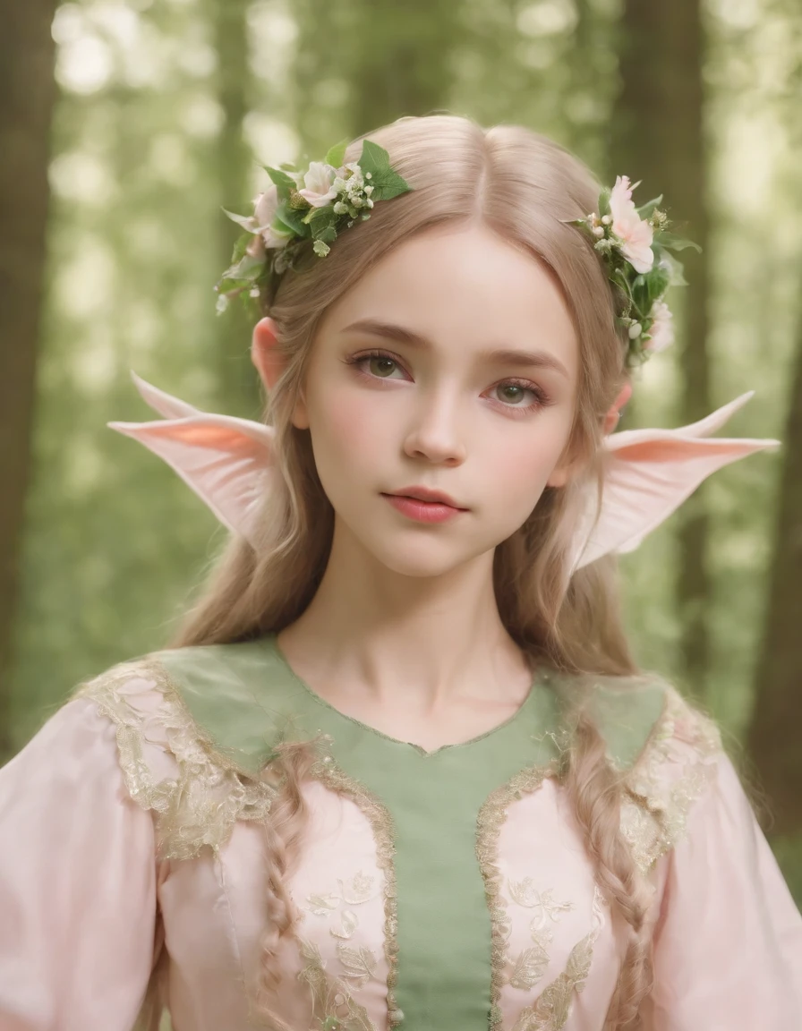 (A cute child), an elf princess in the forest, pointed ears, light pink and light green style, anime aesthetic, detailed clothing, can't believe how beautiful this is, realistic techniques, flowers and birds, light gold and green, Upper body