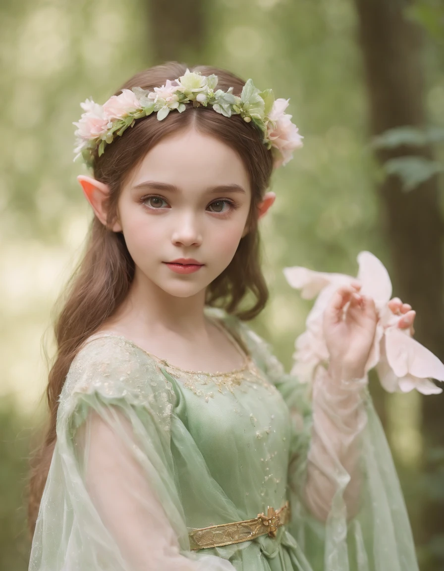 (photo of a small child), elf girl in the forest, pointed ears, light pink and light green style, anime aesthetic, detailed clothing, juvenile, realistic technique, flowers and birds, light gold and green, upper body