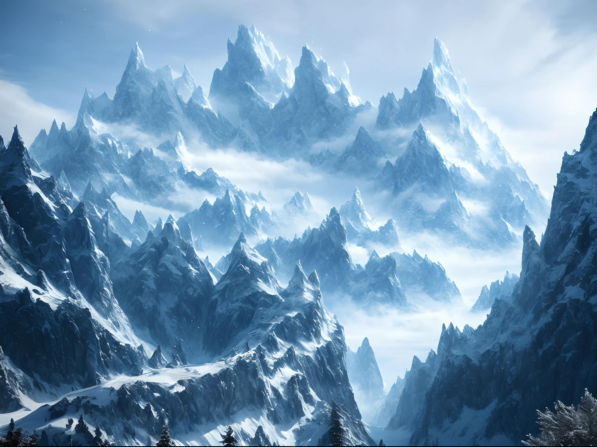 The artwork features a massive mountain and dragon surrounded by intricate details of forests, vegetation and rivers. Mountain top with ice and snow like spike piercing the sky, blizzard This is a high-quality, 8K resolution digital art masterpiece, which creates a beautiful movie background with a magical atmosphere through unique lighting effects. The sky is decorated with snow and stars, while dragons shaped cloud above. The work belongs to the ice punk style, with dragons and mountains as the theme, creating a cold winter visual style.
