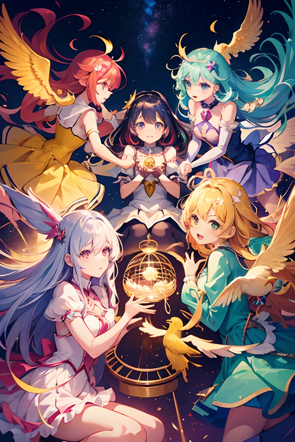 A group of 5 magical girls (mahou shoujo group) flying together around a round, golden bird cage where another magical girl is trapped and a chaotic, multi-colored sky in the background and over them evil eyes of a chaotic, multicolored witch, perfect hands, rostos perfeitos, vestidos bonitos, cabelos super coloridos e vibrantes