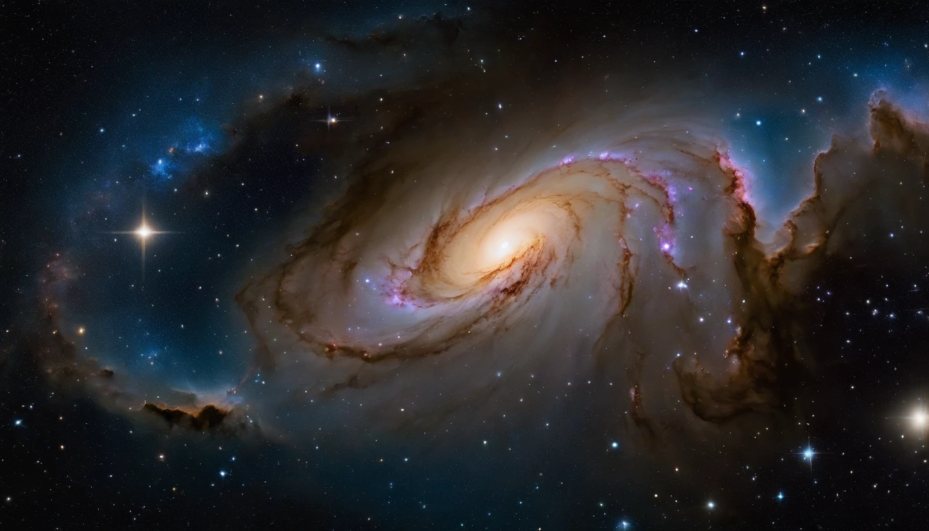 Hubble Space Telescope inspired paintings，Depicts a deep one（A detailed：1.3）The vastness of space, Vibrant colors, Dynamic composition, Realistic details, mind-blowing views, Awesome perspective,  Shining stars, Distant galaxies, （Starcloud：1.6）Rotate in the distance，Cosmic dust spins，purpleish color，Shades of blue and black predominate，White stripes hint at starlight，[Dense star clusters]，Realistic representation of astrophotography，Digital oil painting technology。