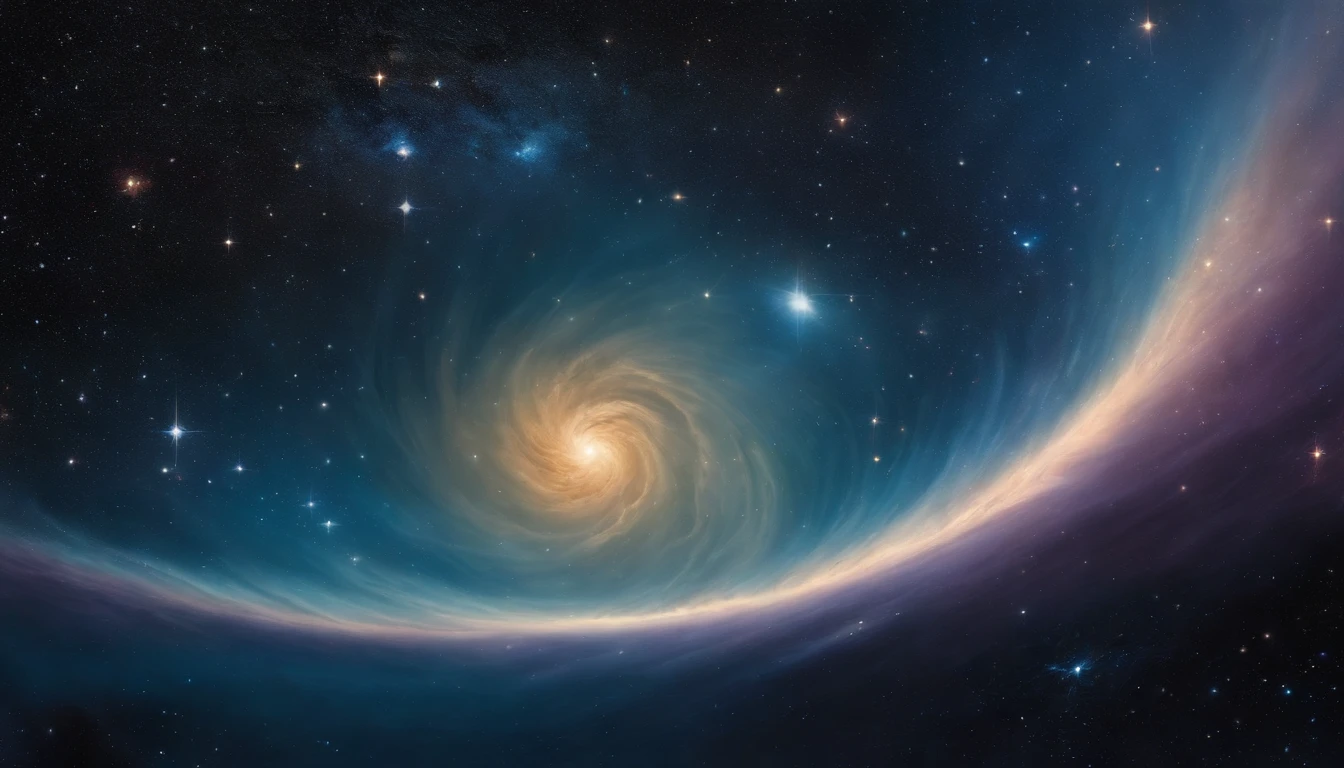 Hubble Space Telescope inspired paintings，Depicts a deep one（A detailed：1.3）The vastness of space, Vibrant colors, Dynamic composition, Realistic details, mind-blowing views, Awesome perspective,  Shining stars, Distant galaxies, （Starcloud：1.6）Rotate in the distance，Cosmic dust spins，purpleish color，Shades of blue and black predominate，White stripes hint at starlight，[Dense star clusters]，Realistic representation of astrophotography，Digital oil painting technology。