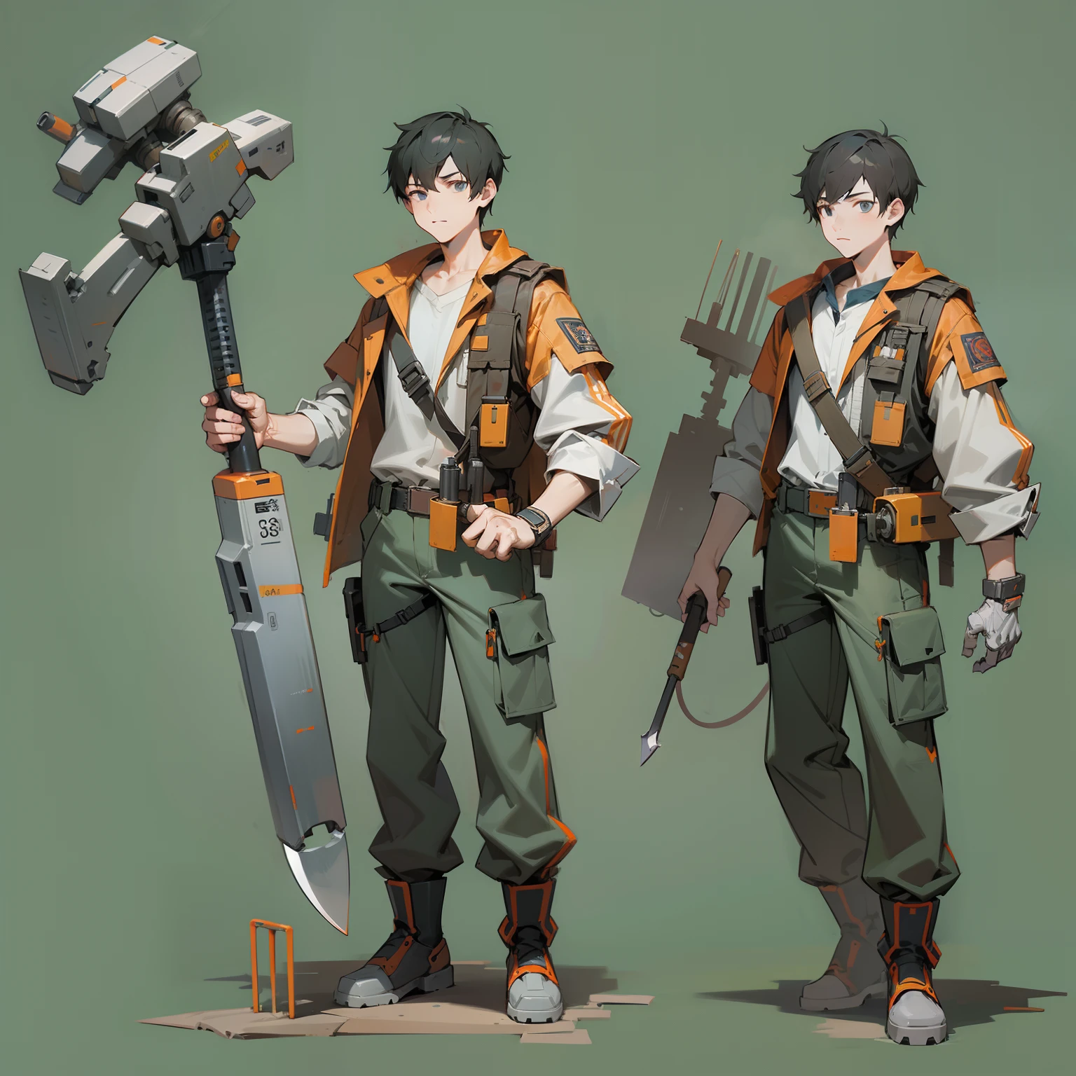 Mechanical engineer man,Full-body image、without background、Plain background、Clothes are dirty from maintenance、Have the tools、Rough image、Game Character、Holding weapons、1 persons