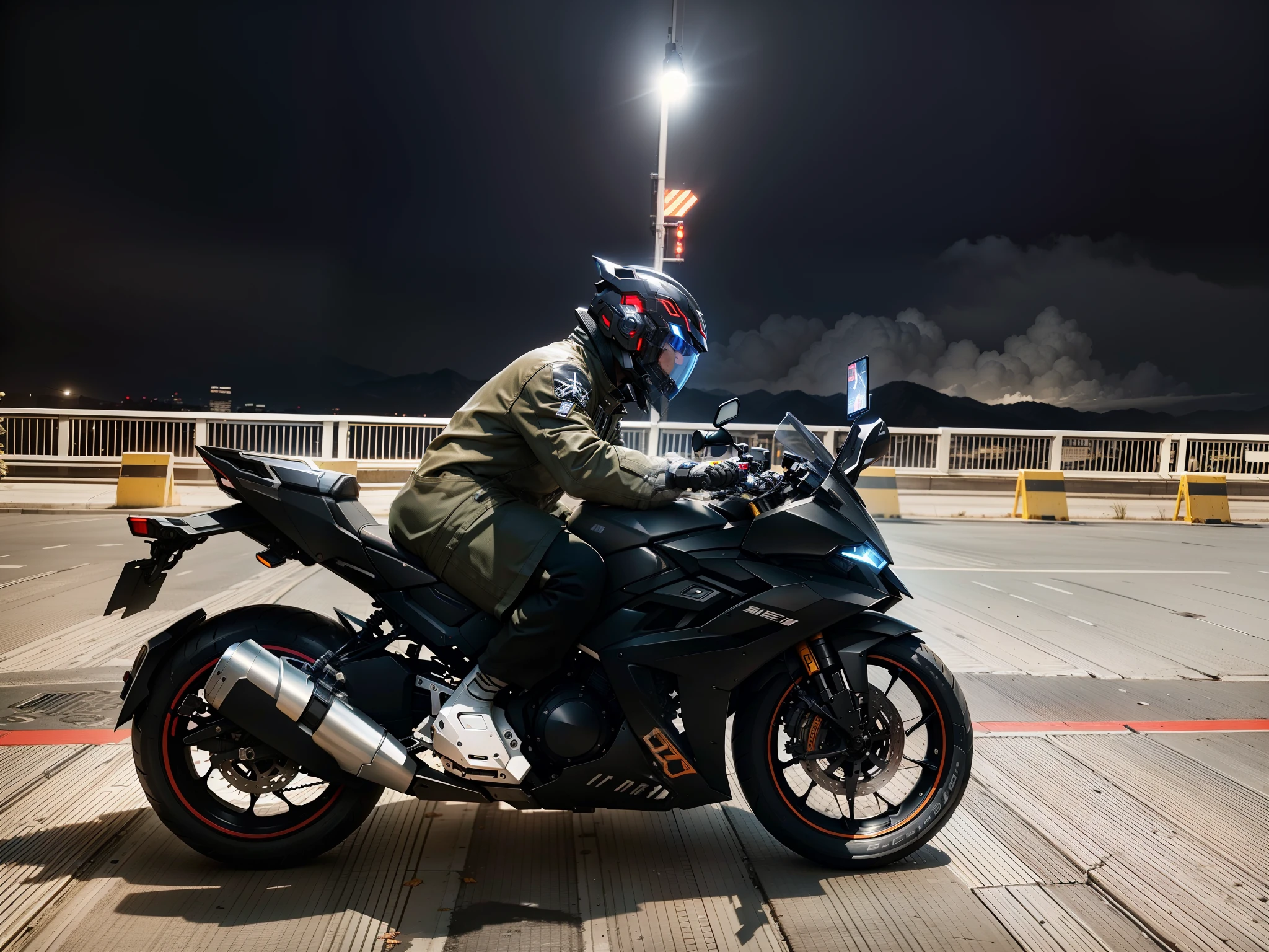 Handsome cyber handsome warrior with black mech,Black Cyber mechanical motorcycle,High-tech black full enveloping helmet,with short white hair,Nousr, Biomechanicals, MSHN Robot Man,High-tech helmet,hyper realisitc, Steel, Complex design, insanely details, finely detailled, Extremely clear lines, cinmatic lighting, photograph realistic, A detailed masterpiece