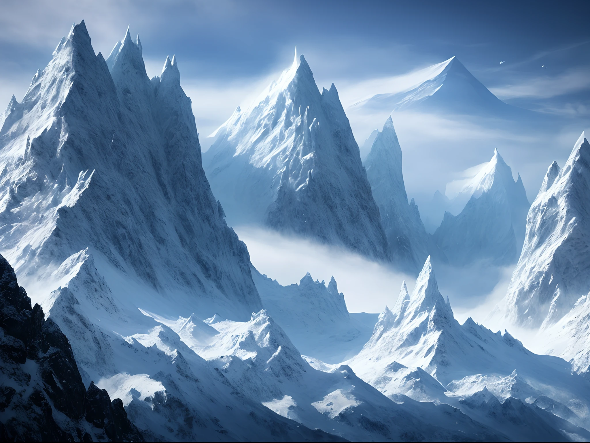 The artwork features a massive mountain and dragon surrounded by intricate details of forests, vegetation and rivers. Mountain top with ice and snow like spike piercing the sky, blizzard This is a high-quality, 8K resolution digital art masterpiece, which creates a beautiful movie background with a magical atmosphere through unique lighting effects. The sky is decorated with snow and stars, while dragons shaped cloud above. The work belongs to the ice punk style, with dragons and mountains as the theme, creating a cold winter visual style.