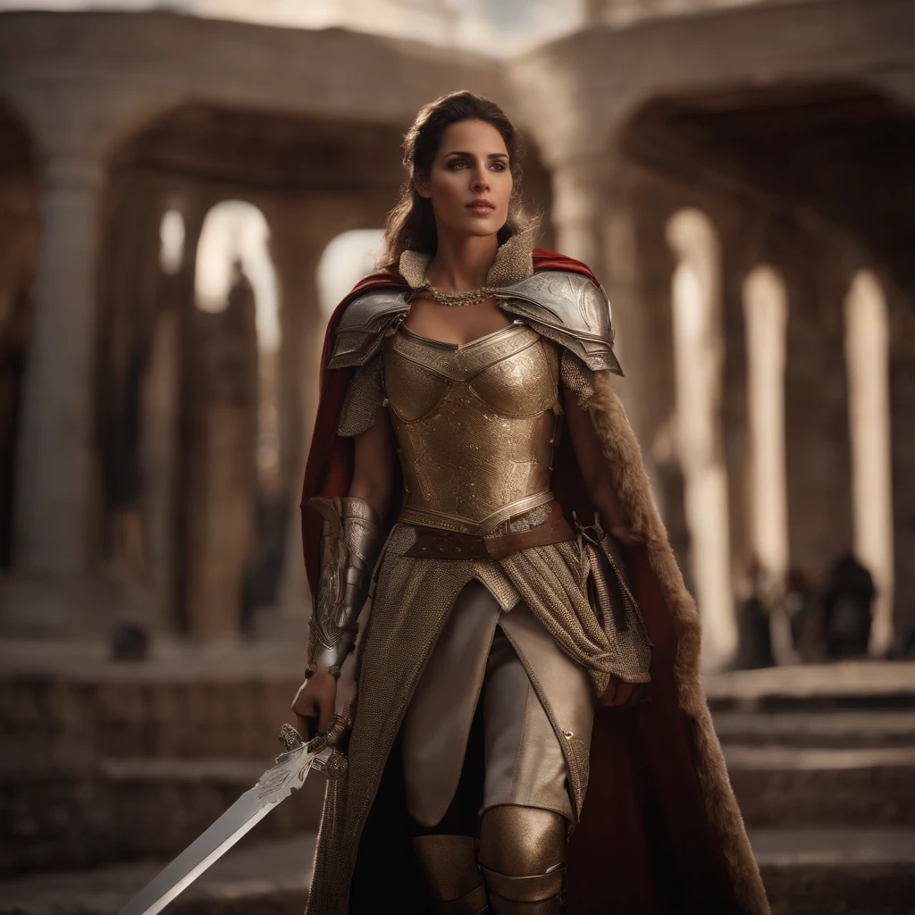 tmasterpiece,High-definition CG diagram,linda guerreira,One hand holds a sword,Helmet in one hand,Modelos superdimensionados,olhos e rosto detalhados,figura alta,A loira,Roupas de armadura total,Botas Over-the-Knee,Cores de armadura brilhantes,exquisite decoration,temperamento encantador,figura alta,Long buttock,coxas grossas,A majestic sight,Estande em guerra。