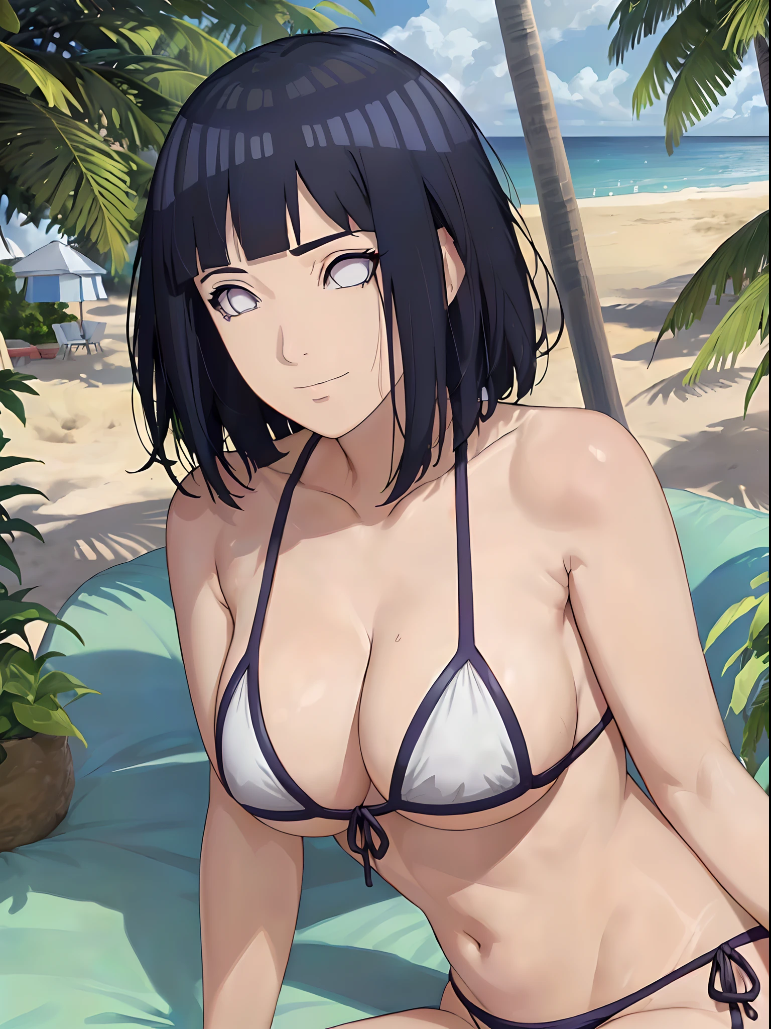 (WALLPAPER,  (hinata\(boruto\), (((simple strapless bikini))), masterpiece, 4k, vector coloring, whole body shot, (high color saturation), contrast lighting, mature female, (curvy:0.8), solo, anime style, sharp focus, professional artwork, intricate details, colorful, vibrant colors, vivid colors, digital blending, ultra detailed body, ultra detail hair, ultra detail face, trending on pixiv, very hot colors, (((beach background, outdoors))), detailed bold arm lines, high color saturation, bold lines, bold drawing lines),
(((leaning backward)), (head tilt), closed mouth, kind smile, gentle look),
((dark blue hair color:1.1), wavy hair, ((short hair, hime cut)),
(perfect eyes, white sciera, bright eyes, white eyes, anime eyes, smoky eyeliner, eyeshadow)
(white skin, (fair skin), slender body, milf, perfect face),
(legs, big breasts, off-shoulders, (detailed shoulders, detailed arm lines)), 
(bare shoulders, bare legs, (closed fists),