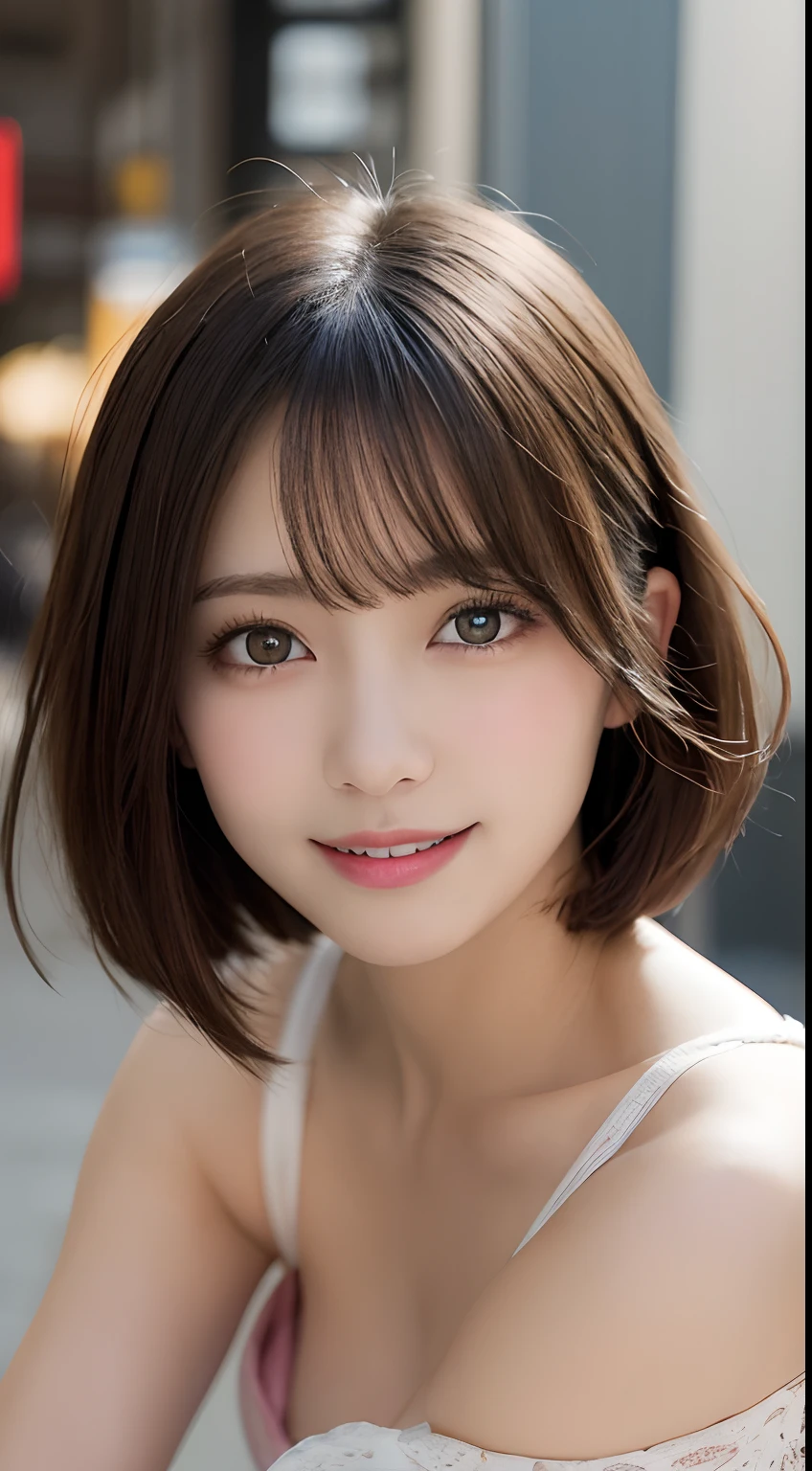masutepiece, Best Quality, Illustration, Ultra-detailed, finely detail, hight resolution, 8K Wallpaper, Perfect dynamic composition, Beautiful detailed eyes,Short bob hair,Small breasts natural color lip, Bold sexy poses,Smile,Shibuya、20 years girl、Cute、Subject looking at sexy pose on camera,Gravure Model Pose