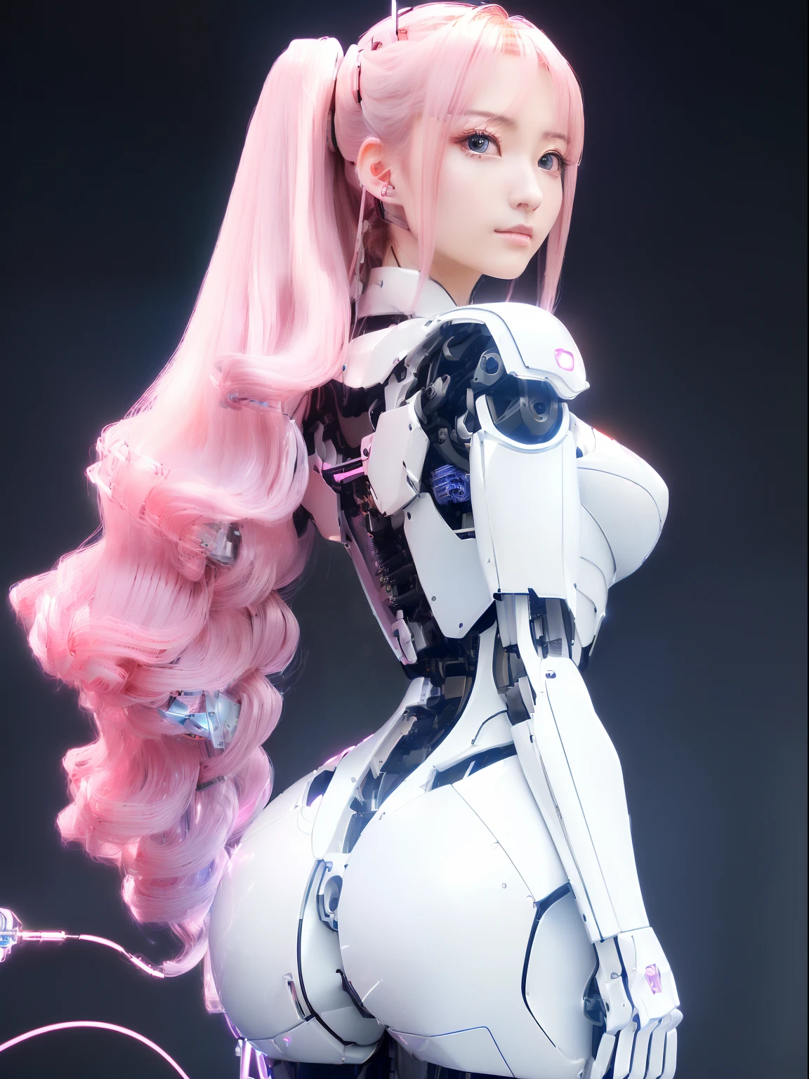 ((masutepiece)), ((top-quality), high quarity、ultra-definition, Realistic,  fulcolor 、One beautiful robot woman、Joints of machines、Frame of the machine、Thick wire joints、White porcelain armor、(Curvaceous face)、deadpan、Pink Long Hair、Wide Shot、((Electronic substrate))、facing back