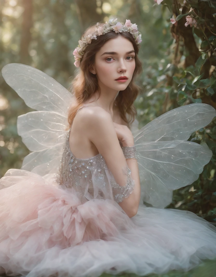 (A Child), color photo of mysterious flower fairy, child with transparent colorful wings, sitting in divine light, soft feather skirt, neon light, holding magic wand, axial symmetry, magnificent background. Silver dress, flower crown, starry sky background, quiet and mysterious expression, Nikon Z7 II camera, Fuji Velvia 50 film, 50mm lens, high saturation, Tim Walker, David LaChapelle, Sofia Coppola, Valentino, Alexander McQueen, ((close-up))