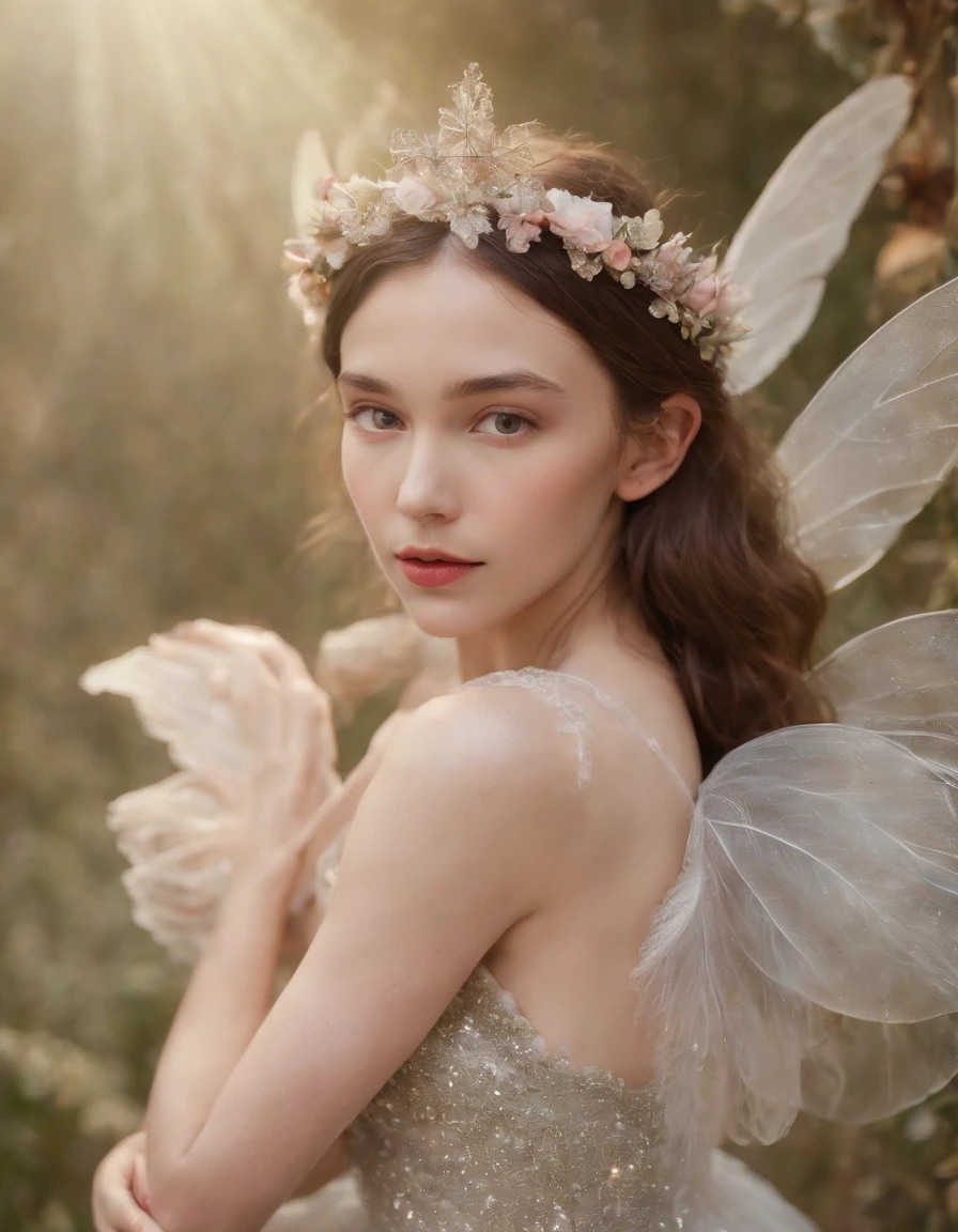 (A Child), color photo of mysterious flower fairy, child with transparent colorful wings, sitting in divine light, soft feather skirt, neon light, holding magic wand, axial symmetry, magnificent background. Silver dress, flower crown, starry sky background, quiet and mysterious expression, Nikon Z7 II camera, Fuji Velvia 50 film, 50mm lens, high saturation, Tim Walker, David LaChapelle, Sofia Coppola, Valentino, Alexander McQueen, ((close-up))