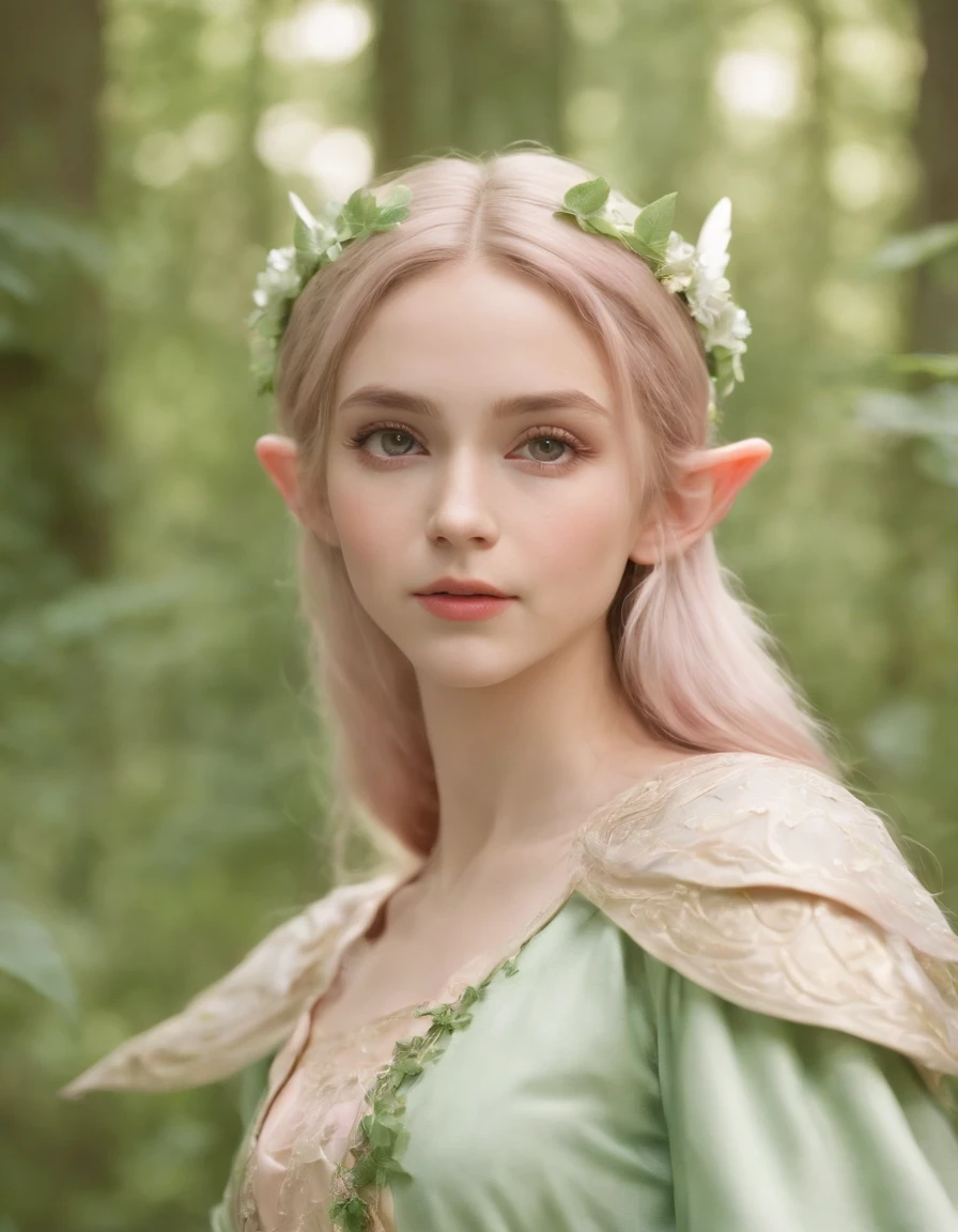 (), an elf princess in the forest, pointed ears, light pink and light green style, anime aesthetic, detailed clothing, can't believe how beautiful this is, realistic techniques, flowers and birds, light gold and green, Upper body