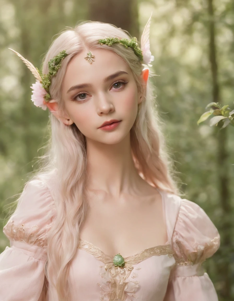 (), an elf princess in the forest, pointed ears, light pink and light green style, anime aesthetic, detailed clothing, can't believe how beautiful this is, realistic techniques, flowers and birds, light gold and green, Upper body