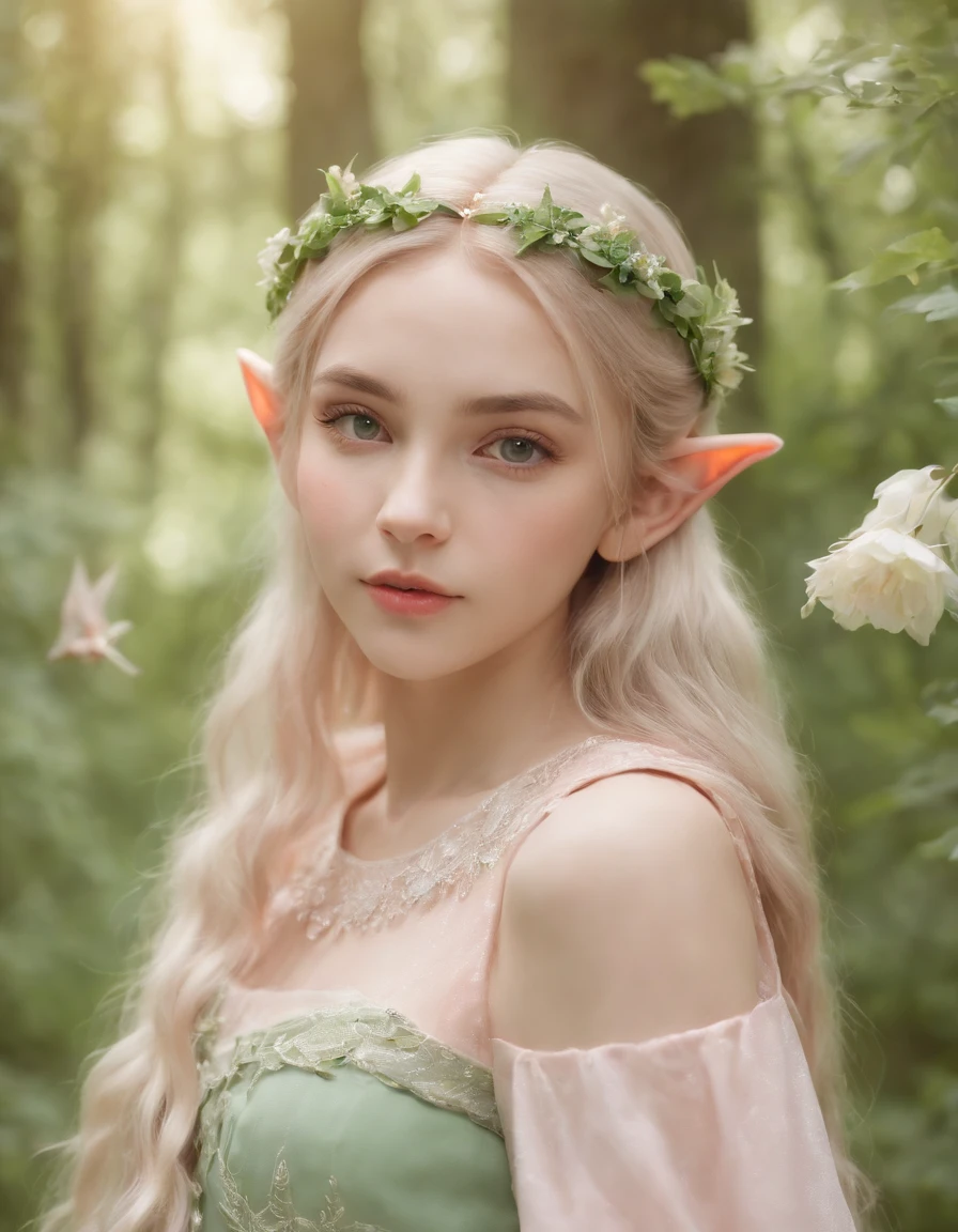 (), an elf princess in the forest, pointed ears, light pink and light green style, anime aesthetic, detailed clothing, can't believe how beautiful this is, realistic techniques, flowers and birds, light gold and green, Upper body