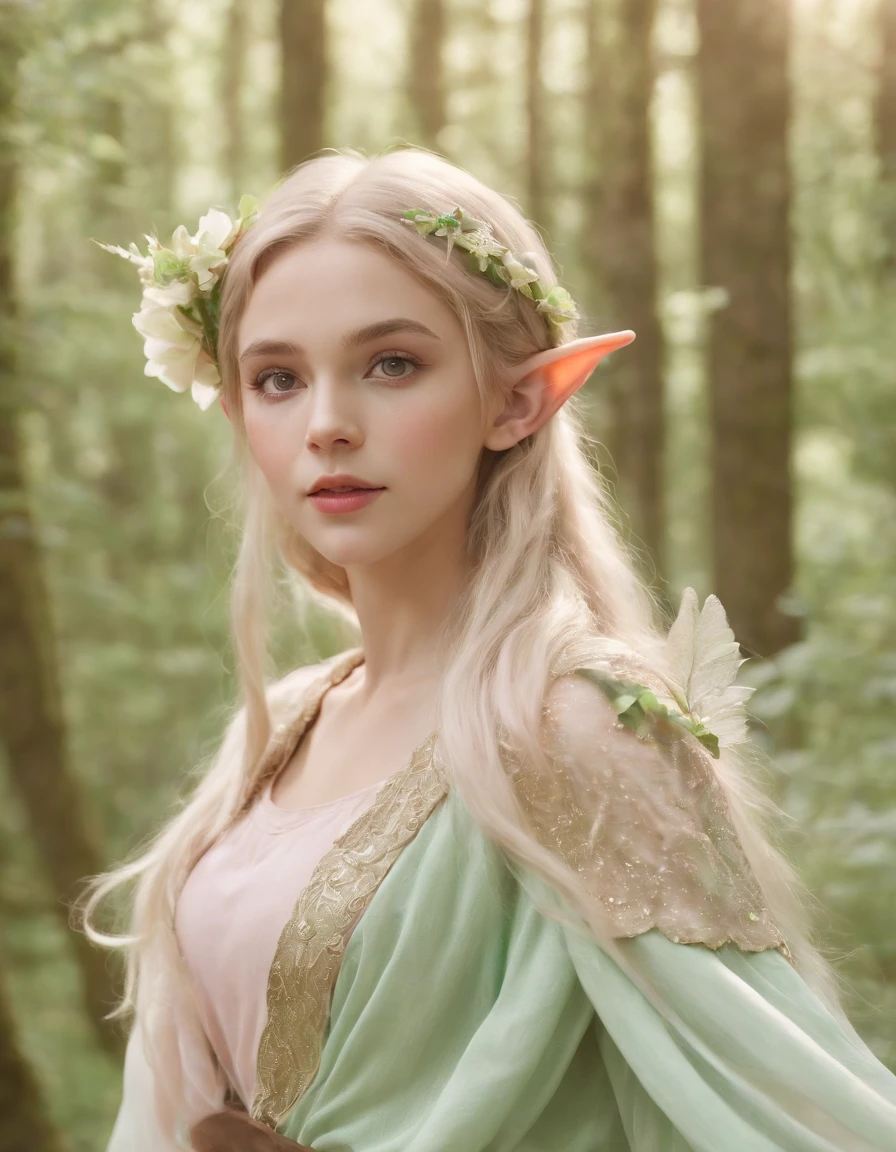 (A lovely child), Elven princess in the forest, Pointed ears, Light pink and light green style, anime aesthetic, Detailed clothing, I can't believe how beautiful this is, Realistic Techniques, Flowers and Birds, Light gold and green, Upper body